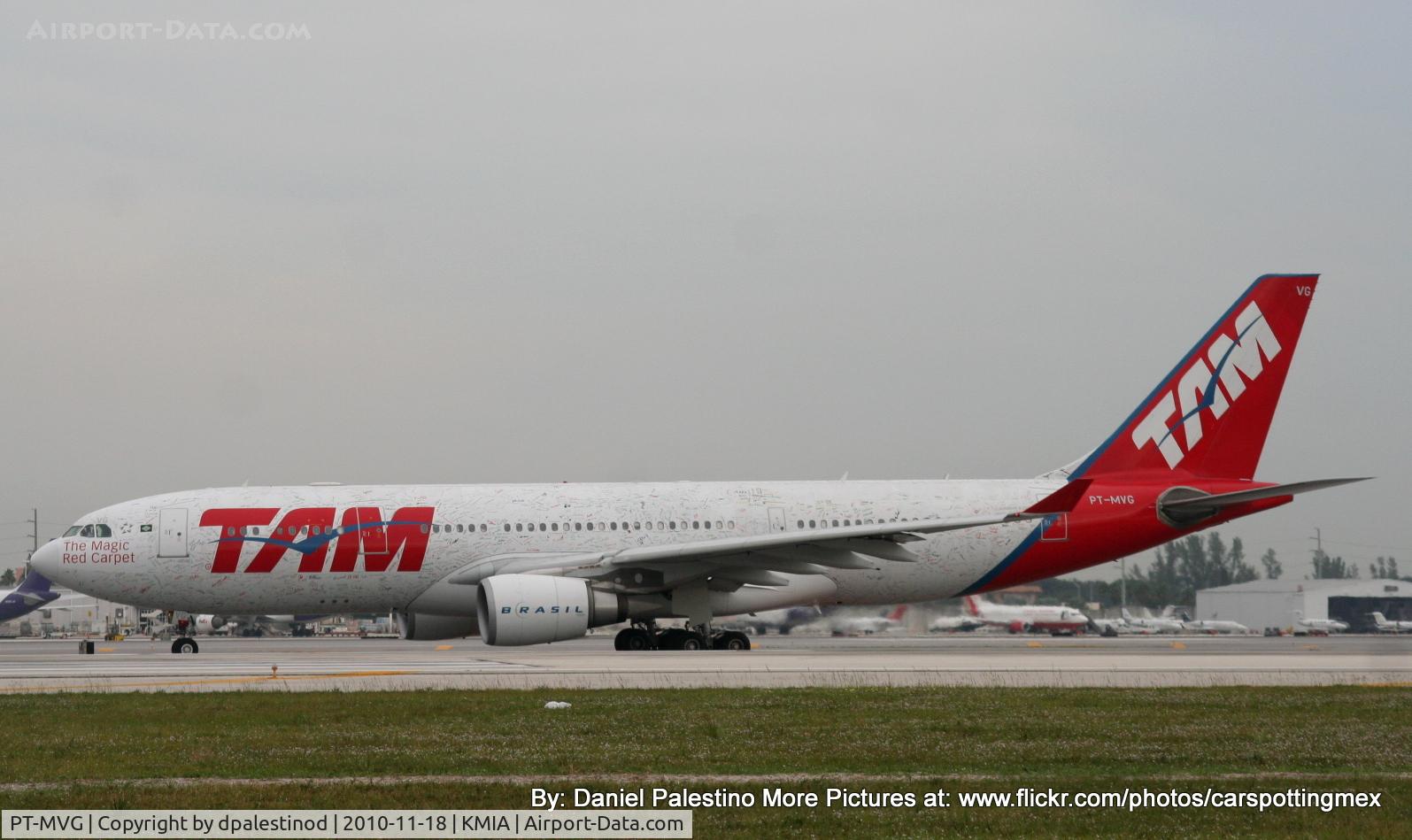 PT-MVG, 2002 Airbus A330-203 C/N 472, The Magic Red Carpet of TAM holding short RWY 08R at KMIA.