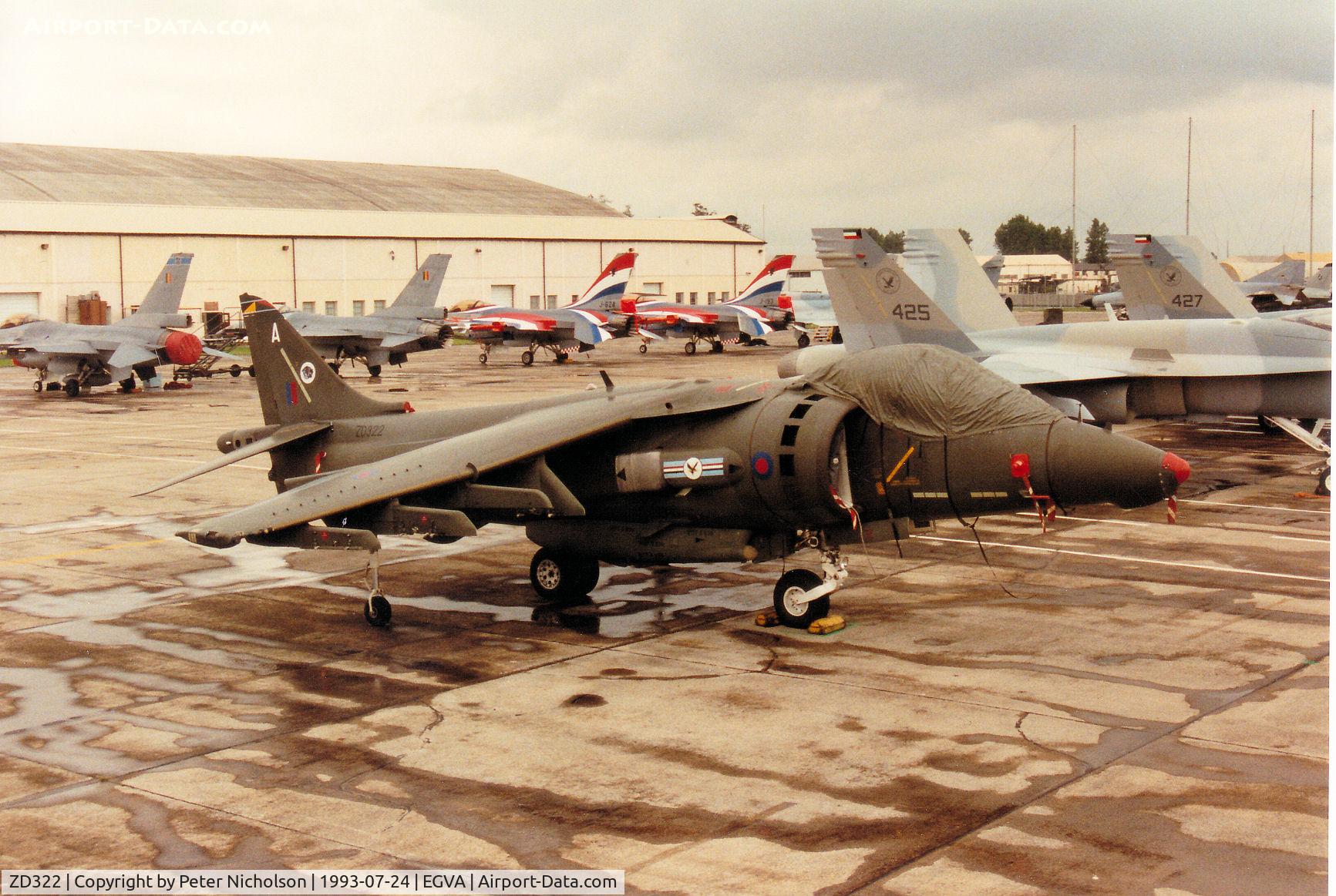 ZD322, British Aerospace Harrier GR.7 C/N 512072/P3, Harrier GR.5, callsign Wildcat 1, of 20[Reserve] Squadron at RAF Wittering on the flight-line at the 1993 Intnl Air Tattoo at RAF Fairford.