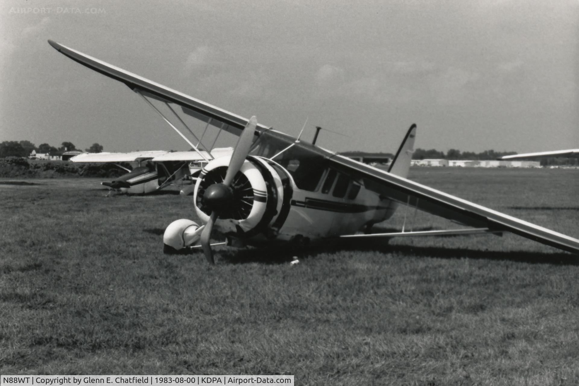 N88WT, 1943 Howard Aircraft DGA-15P (NH-1) C/N 782, Ex-N88WT, US Navy NH-1 29457.  B&W photo, taken a couple days after the mishap, for publishing in Air Classics Magazine, January 1984.