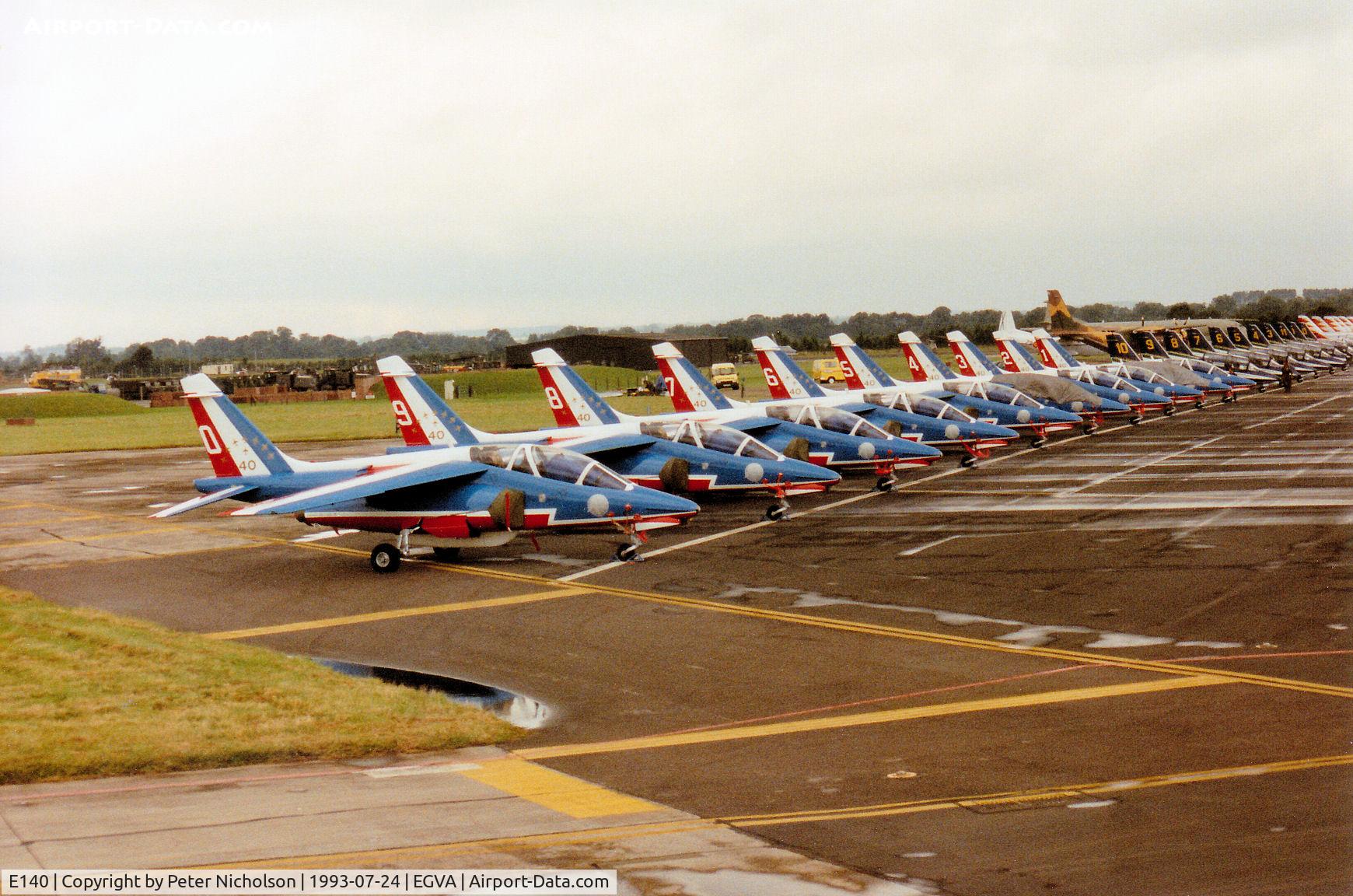 E140, 1981 Dassault-Dornier Alpha Jet E C/N E140, The Patrouille de France aerobatic display team on the flight-line at the 1993 Intnl Air Tattoo at RAF Fairford - the markings celebrate the team's 40th anniversary.