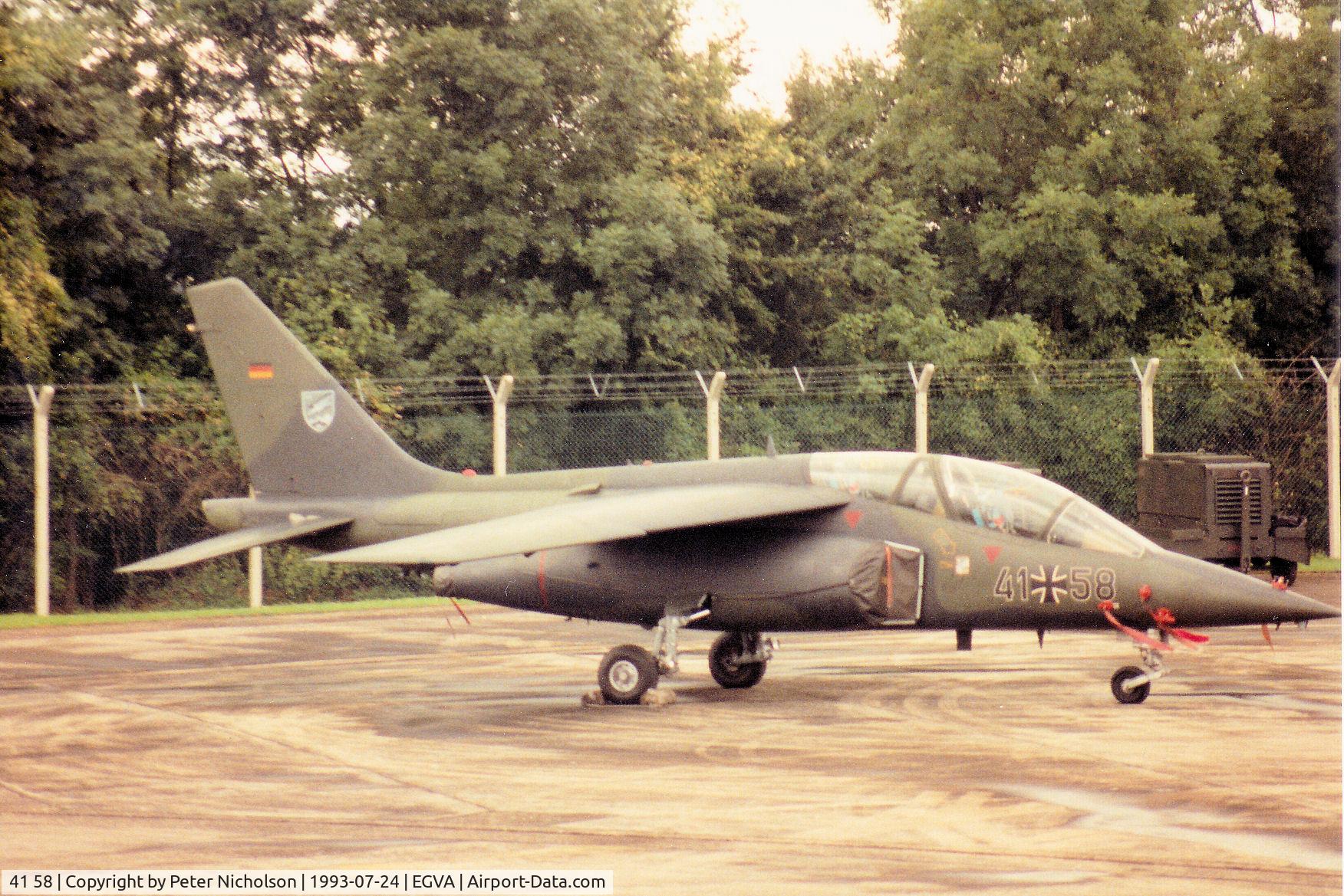 41 58, Dassault-Dornier Alpha Jet A C/N 0158, Alpha Jet, callsign Winglet, of JBG-49 of the German Air Force on the flight-line at the 1993 Intnl Air Tattoo at RAF Fairford.