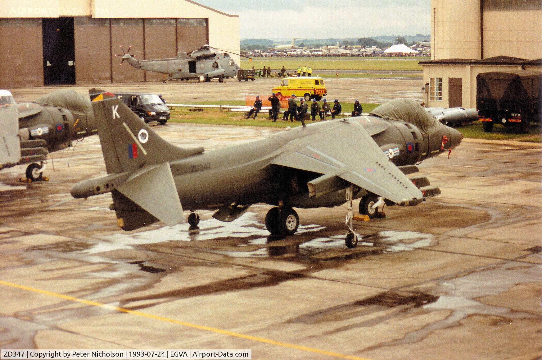 ZD347, 1988 British Aerospace Harrier GR.5 C/N P14, Harrier GR.5, callsign Wildcat 2, of RAF Wittering's 20[Reserve] Squadron on the flight-line at the 1993 Intnl Air Tattoo at RAF Fairford.