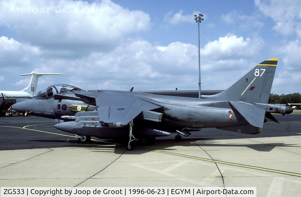 ZG533, 1991 British Aerospace Harrier GR.7 C/N P87, 3 Sq RAF Germany. Now flying Typhoons out of RAF Coningsby. ZG533 was w/o 7-7-1998.