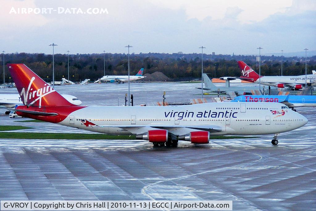 G-VROY, 2001 Boeing 747-443 C/N 32340, Virgin Atlantic B747 taxing to its gate at Manchester's Terminal 2