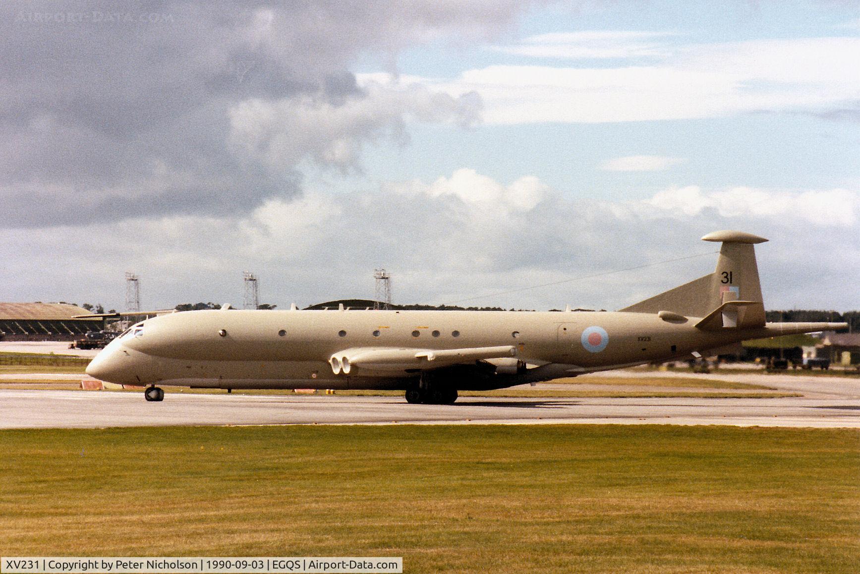 XV231, Hawker Siddeley Nimrod MR.2 C/N 8006, Nimrod MR.2 of the Kinloss Maritime Wing turning onto Runway 23 at RAF Lossiemouth after a visit in September 1990.