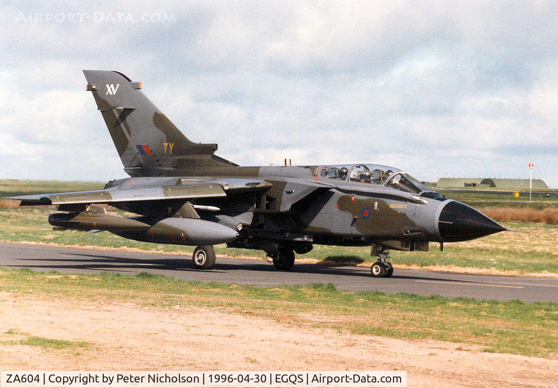 ZA604, 1982 Panavia Tornado GR.1 C/N 131/BT027/3068, Tornado GR.1 of 15[Reserve] Squadron taxying to the active runway at RAF Lossiemouth in April 1996.