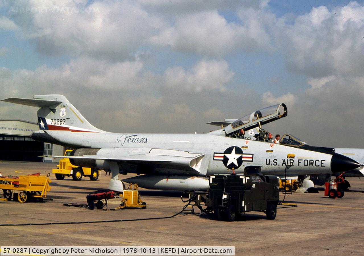 57-0287, 1957 McDonnell F-101F Voodoo C/N 465, F-101F Voodoo of 111th Fighter Interceptor Squadron/147th Fighter Interceptor Group of the Texas Air National Guard at Ellington AFB in October 1978.