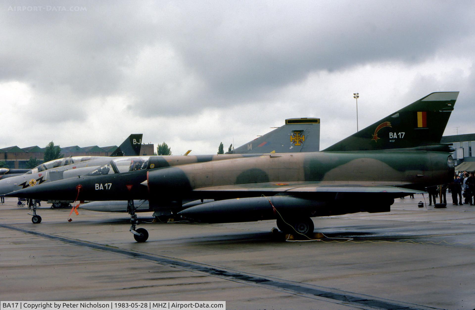 BA17, SABCA Mirage 5BA C/N 17, Mirage 5BA of 8 Squadron Belgian Air Force on display at the 1983 RAF Mildenhall Air Fete.
