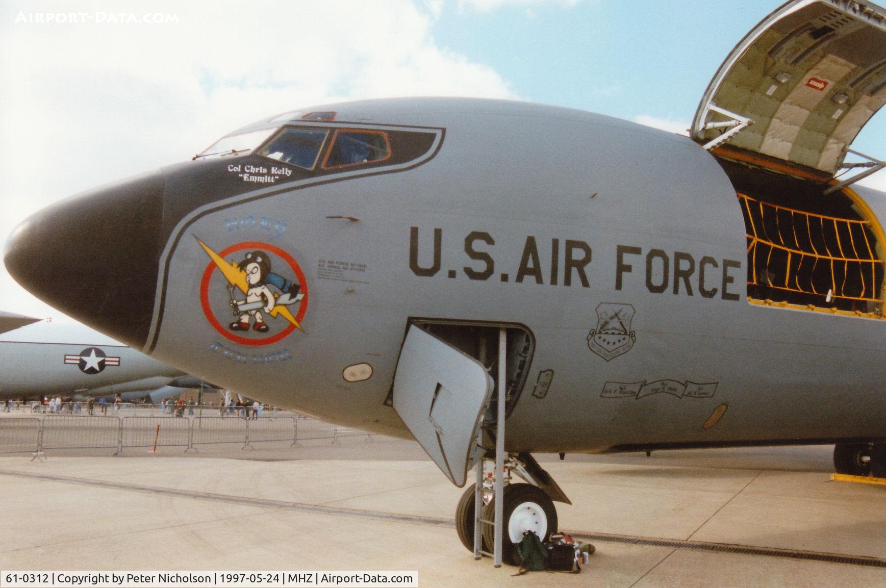 61-0312, 1961 Boeing KC-135R Stratotanker C/N 18219, KC-135 Stratotanker named Holy Terror of the 100th Air Refuelling Wing with special markings for the USAF 50th anniversary on display at the 1997 RAF Mildenhall Air Fete.