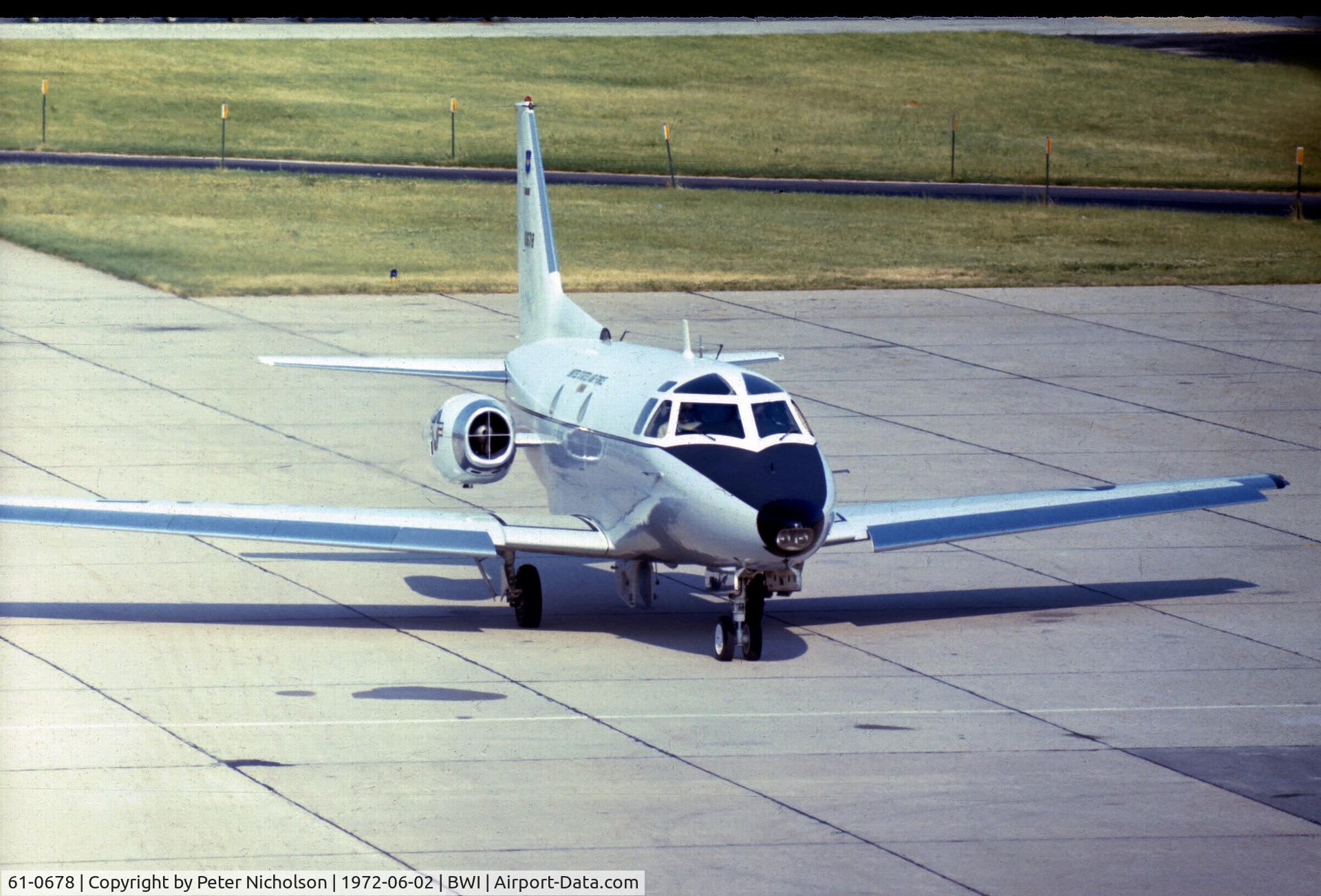 61-0678, 1961 North American CT-39A Sabreliner C/N 265-81, T-39A Sabreliner taxying to the terminal at Baltimore's Friendship Airport in the Summer of 1972. Can any-one tell me which unit she belonged to please?