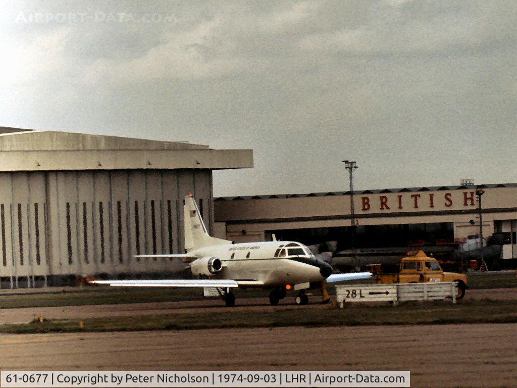 61-0677, 1961 North American CT-39A Sabreliner C/N 265-80, T-39A Sabreliner visiting London Heathrow in September 1974.