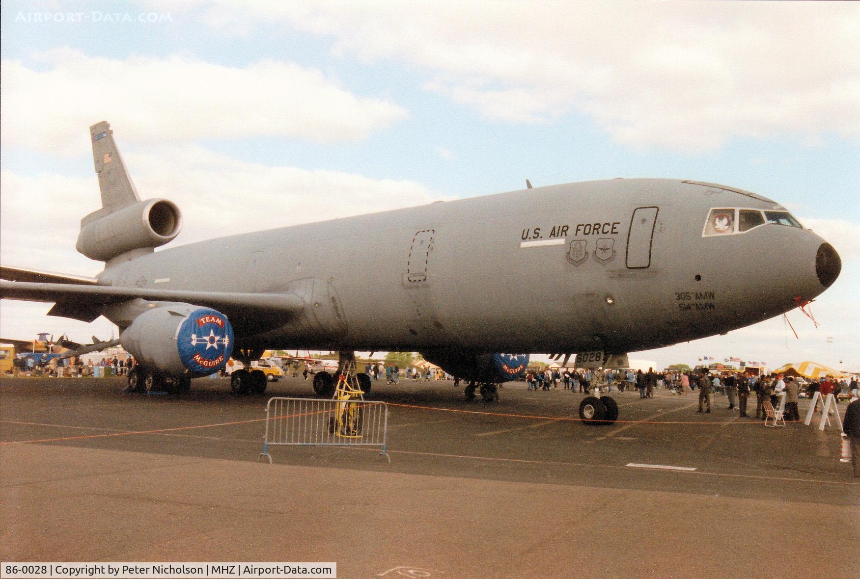 86-0028, 1986 McDonnell Douglas KC-10A Extender C/N 48241, KC-10A Extender, callsign Gold 31, of the 305th Air Mobility Wing at McGuire AFB on display at the 1997 RAF Mildenhall Air Fete.