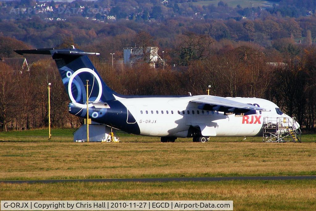 G-ORJX, 2001 British Aerospace (operations) Ltd AVRO 146-RJX85 C/N E2376, The prototype RJX85, G-ORJX last flew in January 2002. It has been parked at Woodford since then with its engines removed