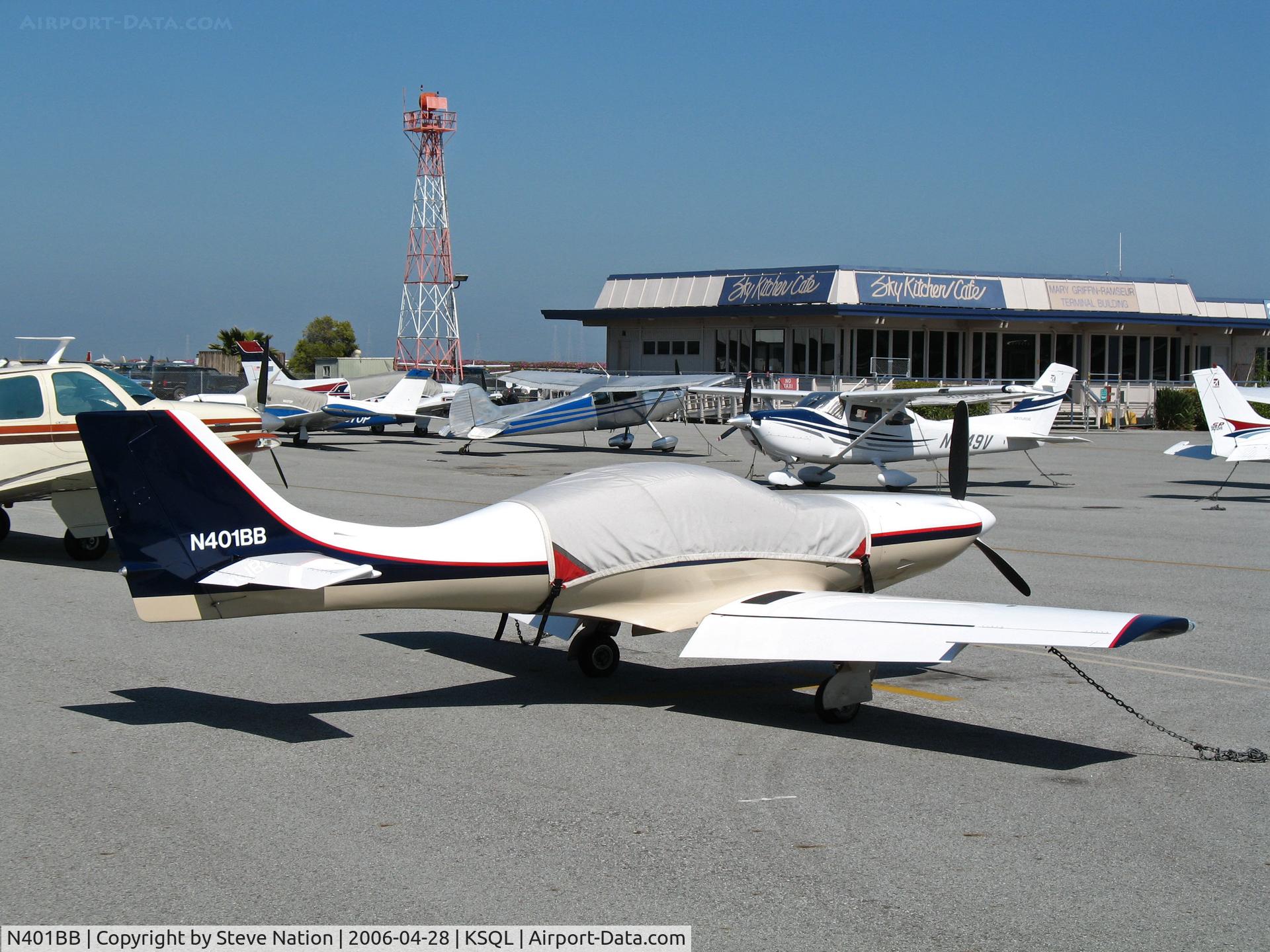 N401BB, 2001 Lancair 235 C/N 142, 2001 Stimple LANCAIR 235 homebuilt with canopy covered visiting @ San Carlos, CA