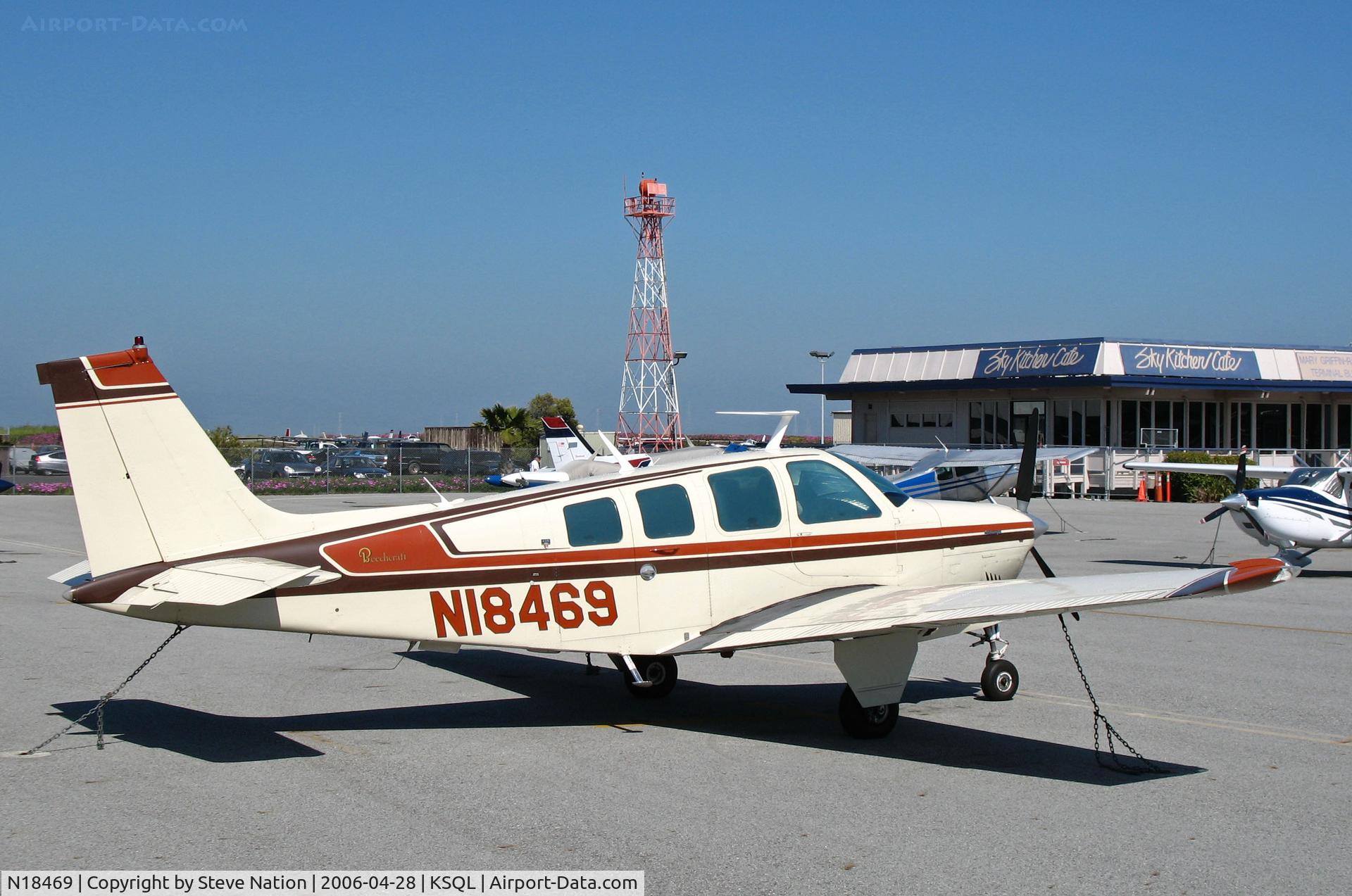 N18469, 1977 Beech A36 Bonanza 36 C/N E-1141, Visalia, CA-based 1977 Beech A36 Bonanza on visitors ramp @ San Carlos, CA