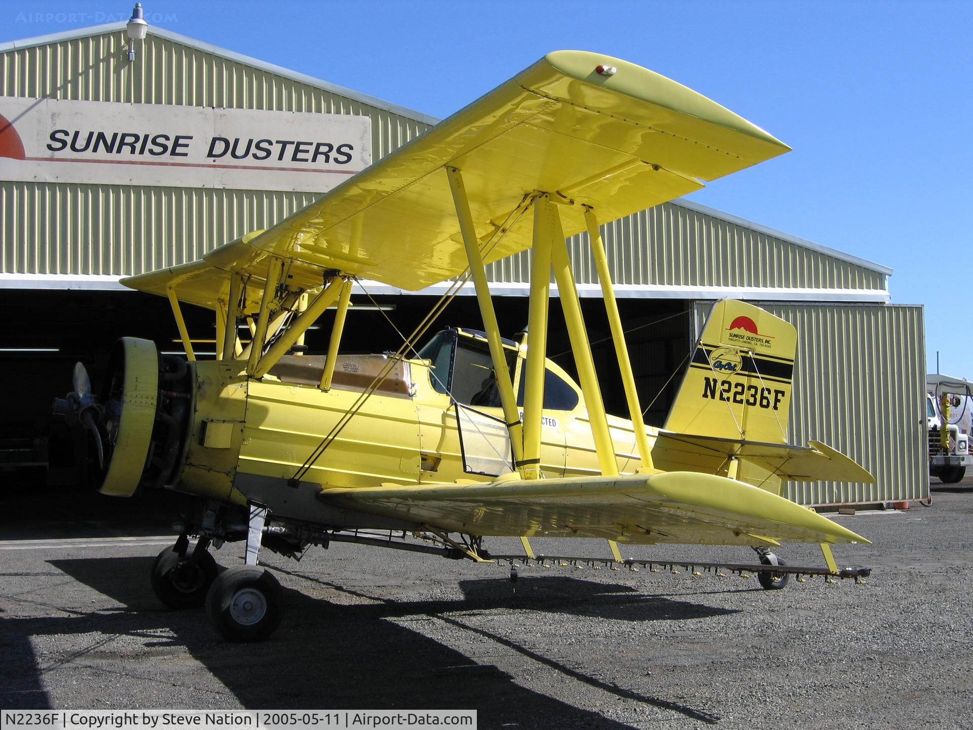 N2236F, 1988 Schweizer G-164B C/N 807B, Sunrise Dusters 1988 G-164B Ag-Cat with titles and rigged for spraying at old Sunrise Dusters strip off of Hwy 113 just across the Sacramento River from Knights Landing and 1-2 mile south of Bob's Flying Service strip (32CA) - she's now with Valley Air in