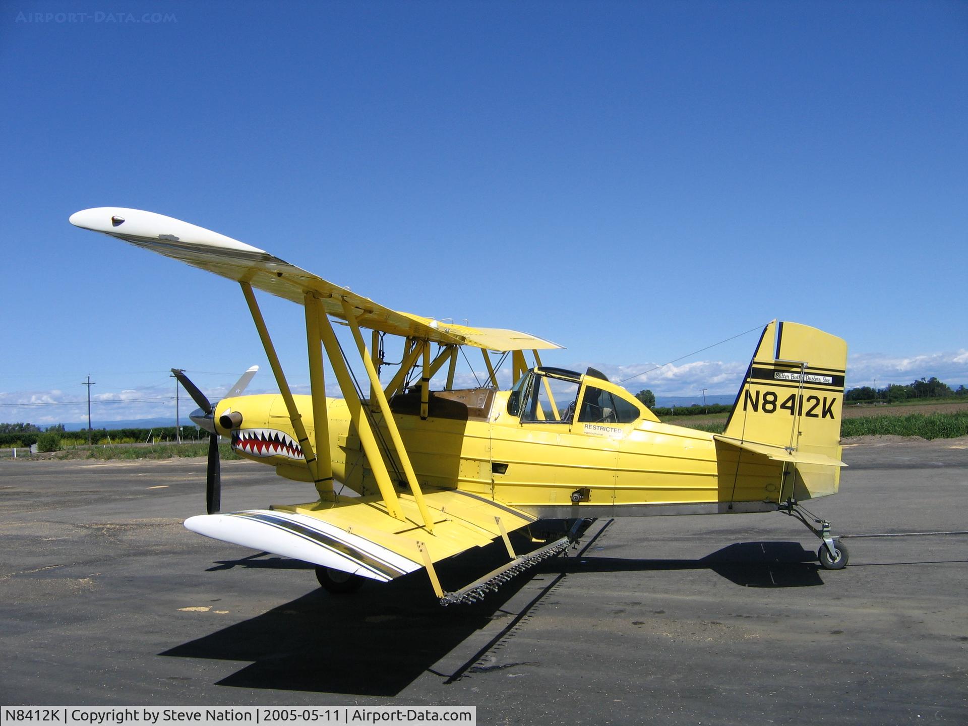 N8412K, 1982 Grumman-Schweizer G-164B C/N 690B, Sutter Butte Dusters Turbo G-164B rigged for spraying at their Live Oak, CA airstrip - sharkmouth!