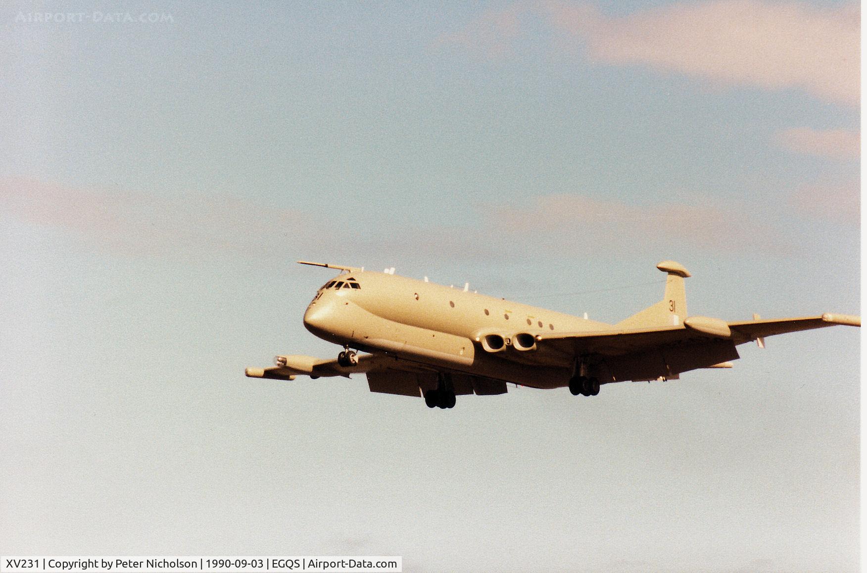 XV231, Hawker Siddeley Nimrod MR.2 C/N 8006, Nimrod MR.2 of the Kinloss Maritime Wing on approach to Runway 23 at RAF Lossiemouth in September 1990.
