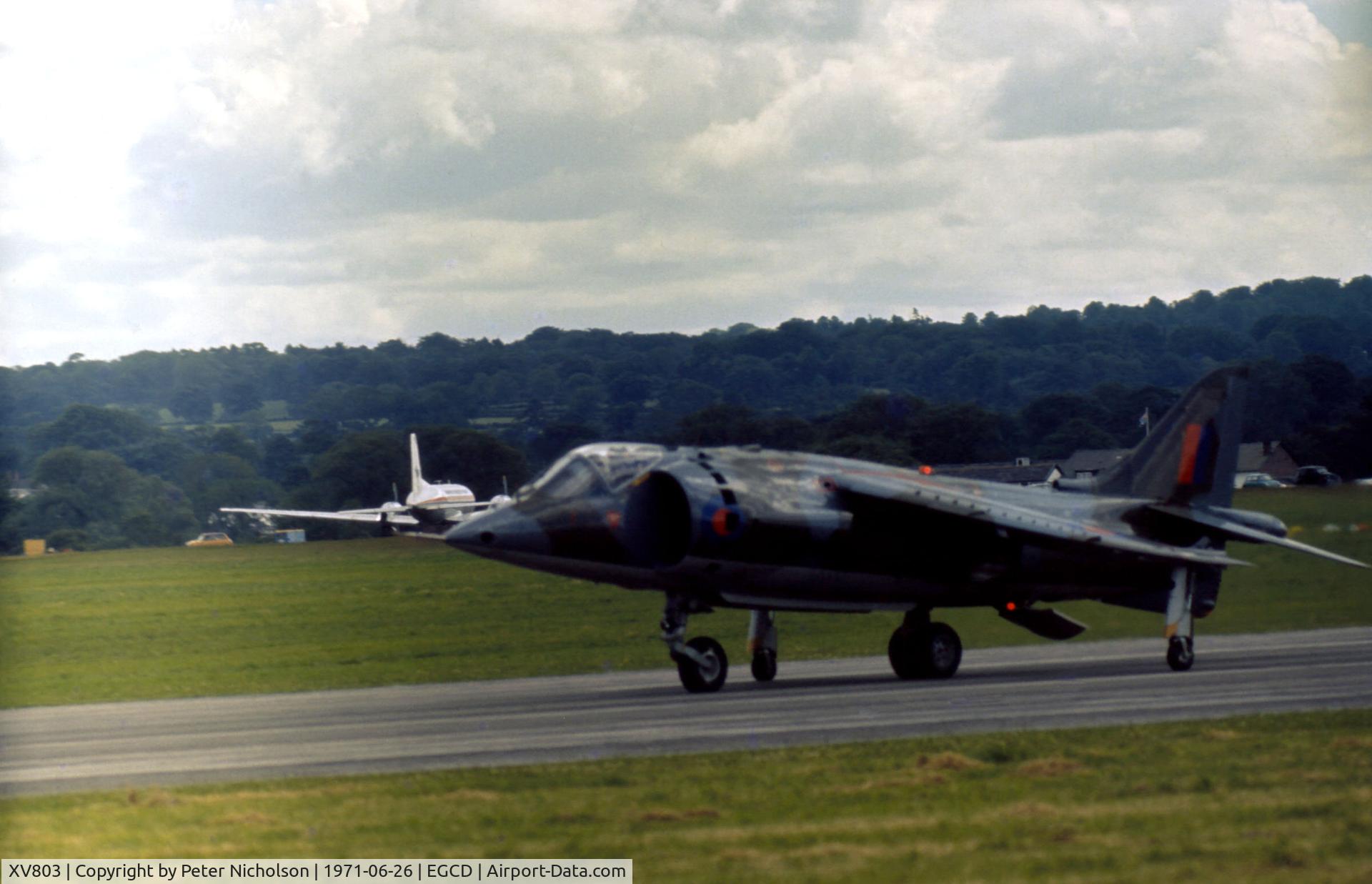 XV803, 1971 Hawker Siddeley Harrier GR.1 C/N 712053, Harrier GR.1 preparing to take-off at the 1971 Woodford Airshow.