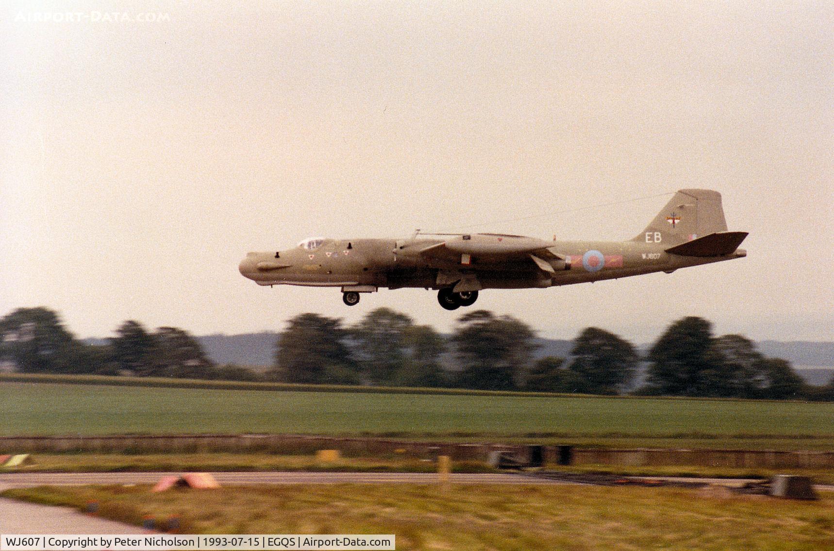WJ607, 1953 English Electric Canberra T.17A C/N HP-174B, Canberra T.17A, callsign Trident 1, of 360 Squadron at RAF Wyton landing on Runway 05 at RAF Lossiemouth in the Summer of 1993.
