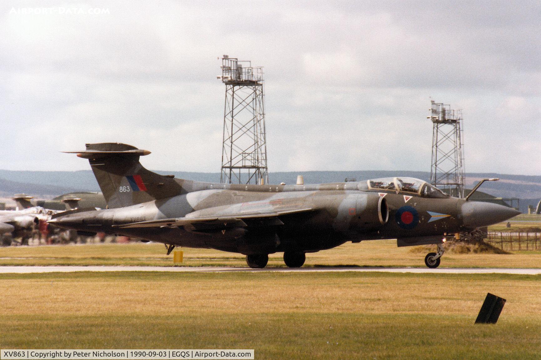 XV863, 1968 Hawker Siddeley Buccaneer S.2B C/N B3-12-67, Buccaneer S.2B of 208 Squadron awaiting clearance to join Runway 23 at RAF Lossiemouth in September 1990.
