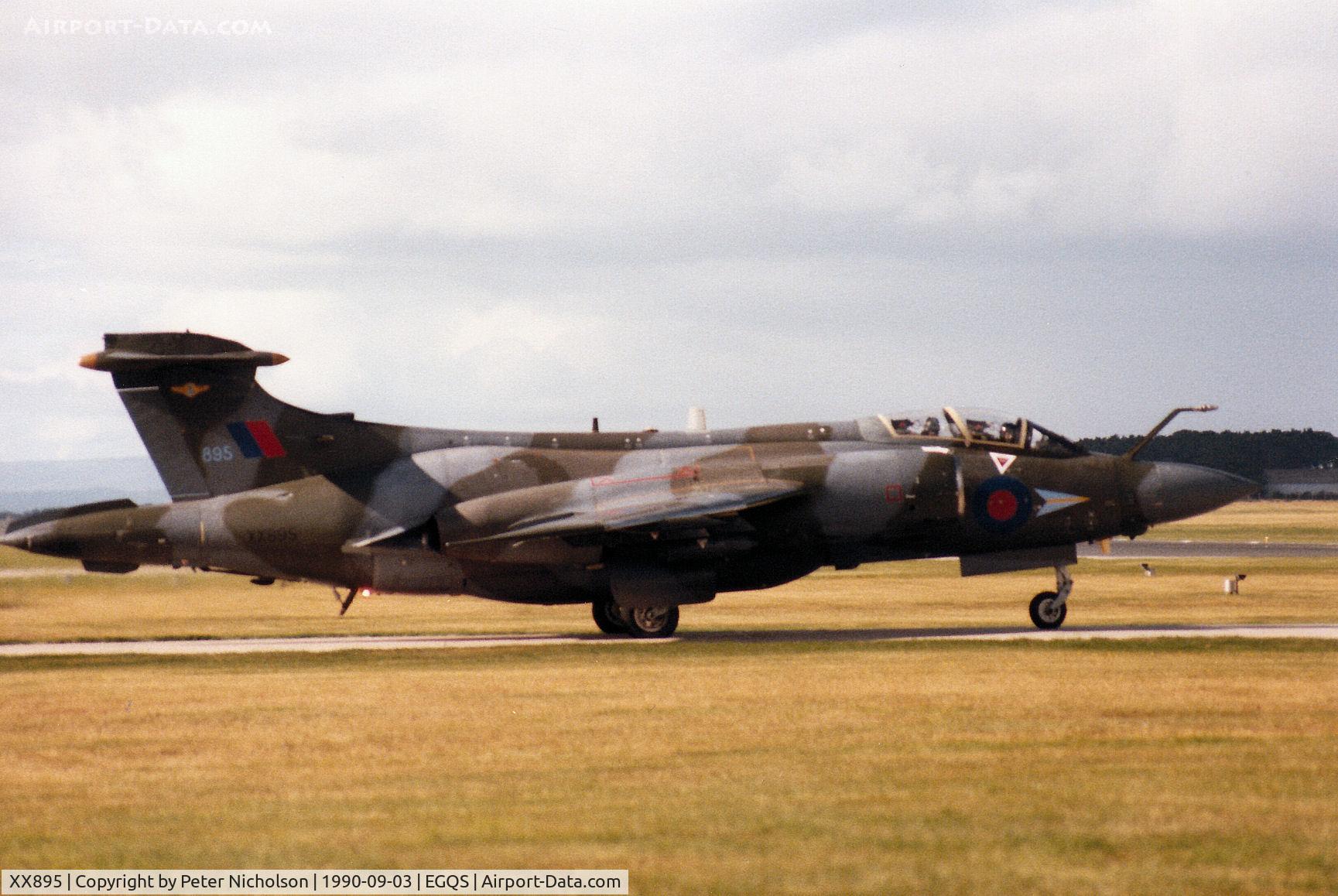 XX895, 1975 Hawker Siddeley Buccaneer S.2B C/N B3-04-74, Buccaneer S.2B of 208 Squadron awaiting clearance to join the active runway at RAF Lossiemouth in September 1990.