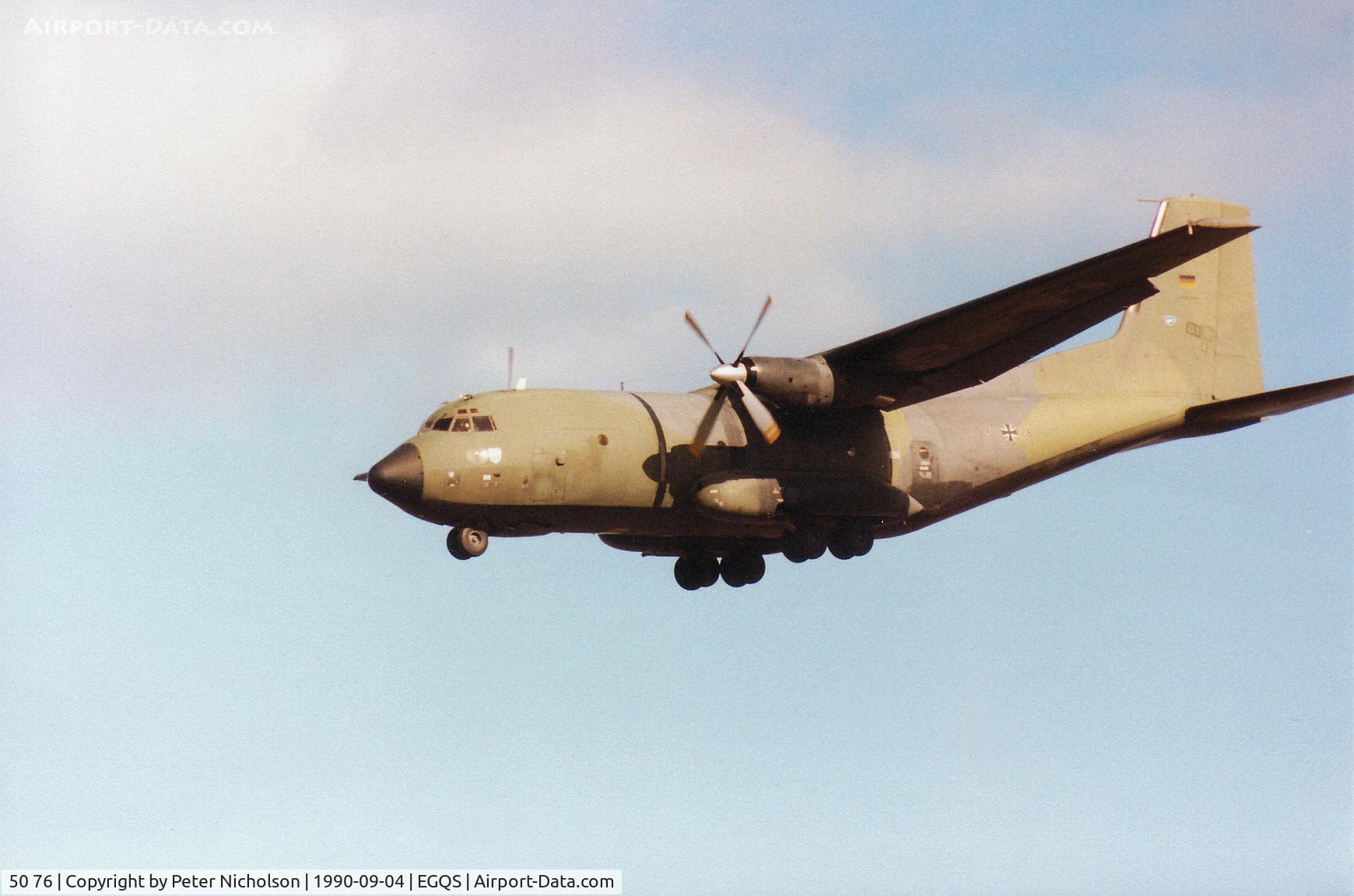 50 76, Transall C-160D C/N D113, C-160D Transall of LTG-63 German Air Force on approach to Runway 23 at RAF Lossiemouth in September 1990.