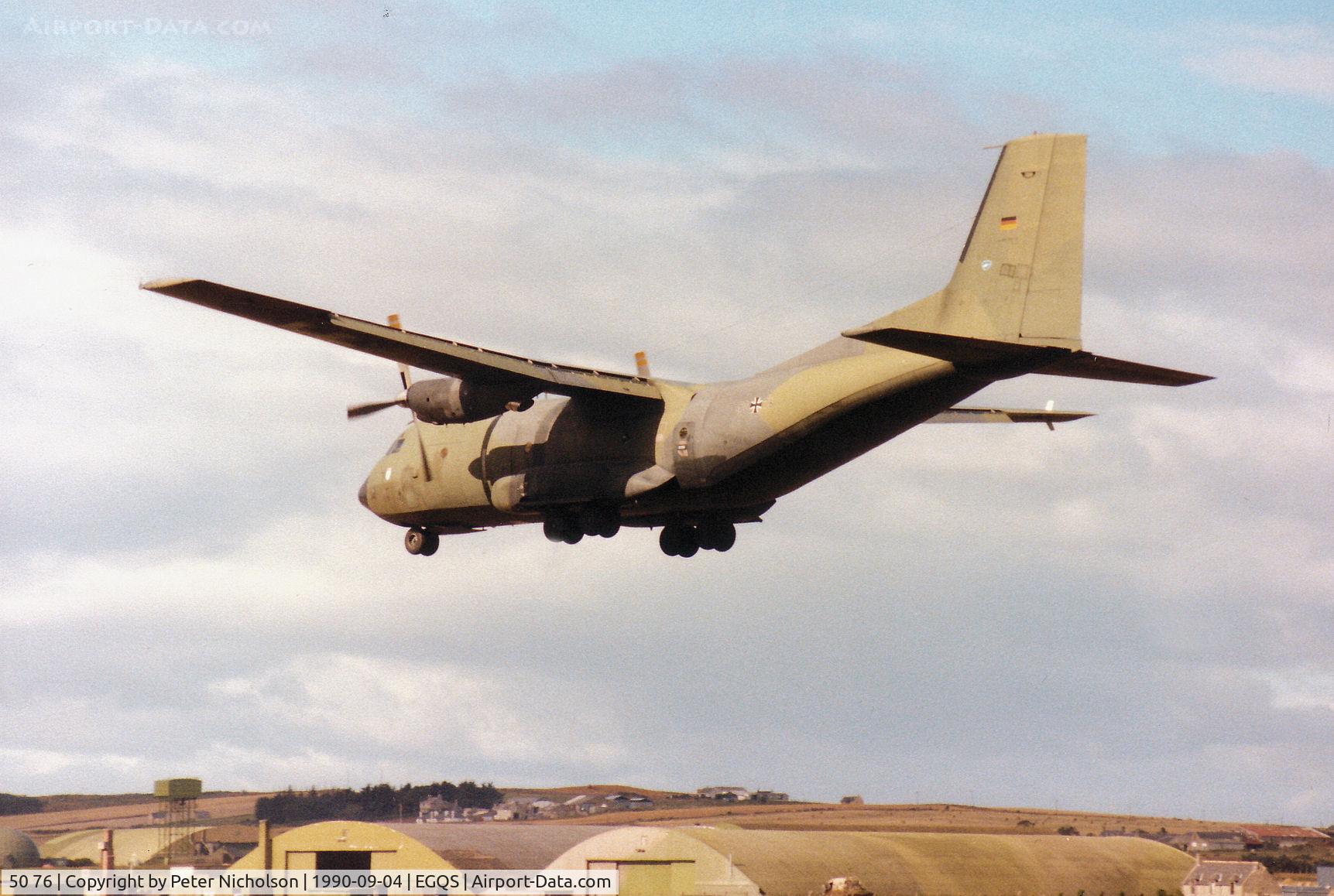 50 76, Transall C-160D C/N D113, C-160D Transall of LTG-63 German Air Force landing on Runway 23 at RAF Lossiemouth in September 1990.