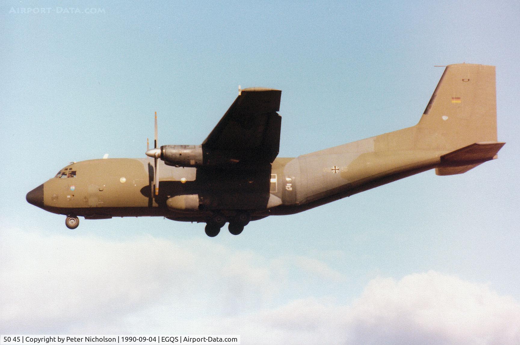 50 45, Transall C-160D C/N D67, C-160D Transall of LTG-63 German Air Force on final approach to Runway 23 at RAF Lossiemouth in September 1990.