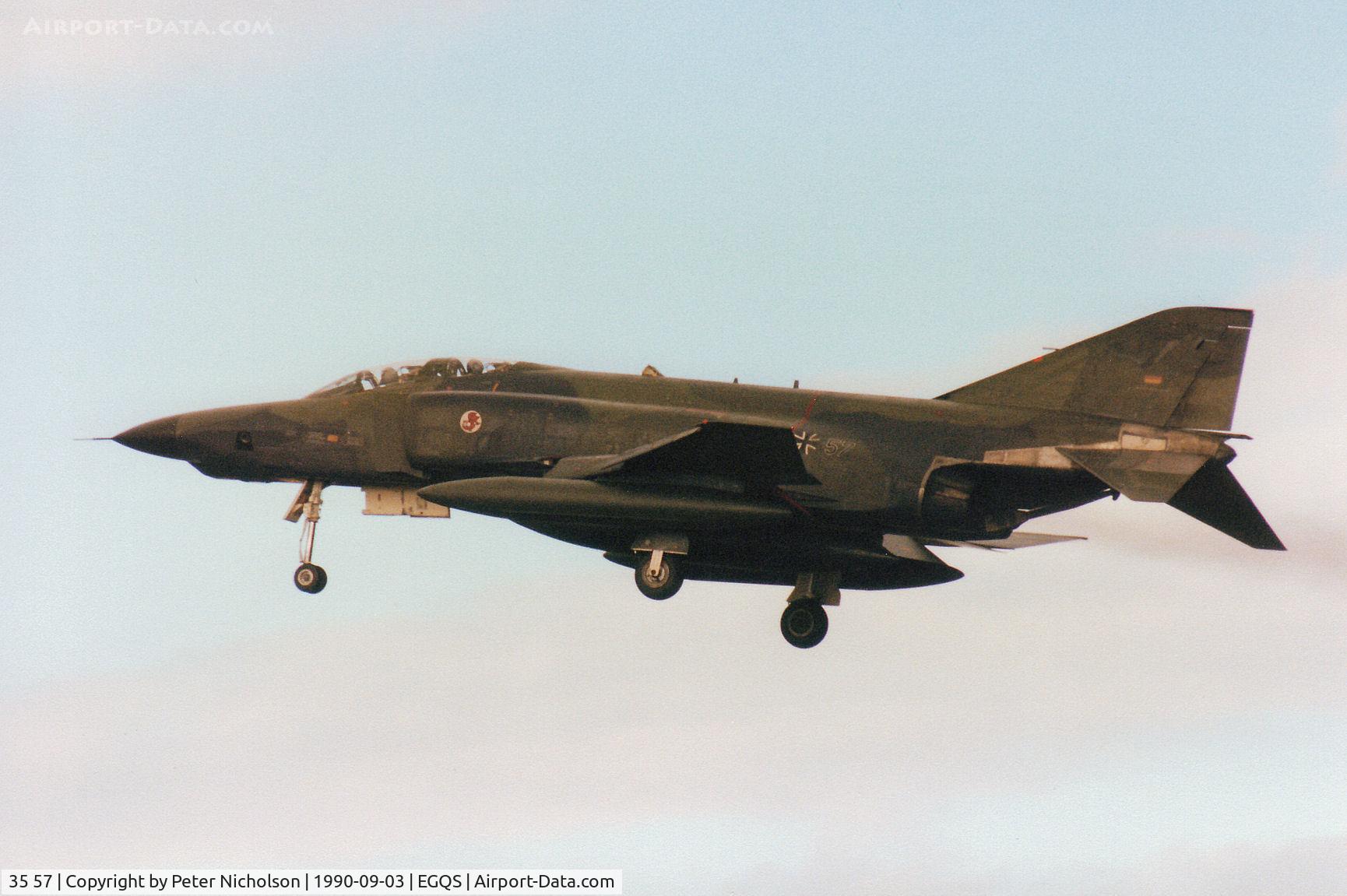 35 57, 1969 McDonnell Douglas RF-4E Phantom II C/N 4134, RF-4E Phantom of AKG-52 German Air Force on final approach to Runway 23 at RAF Lossiemouth in September 1990.