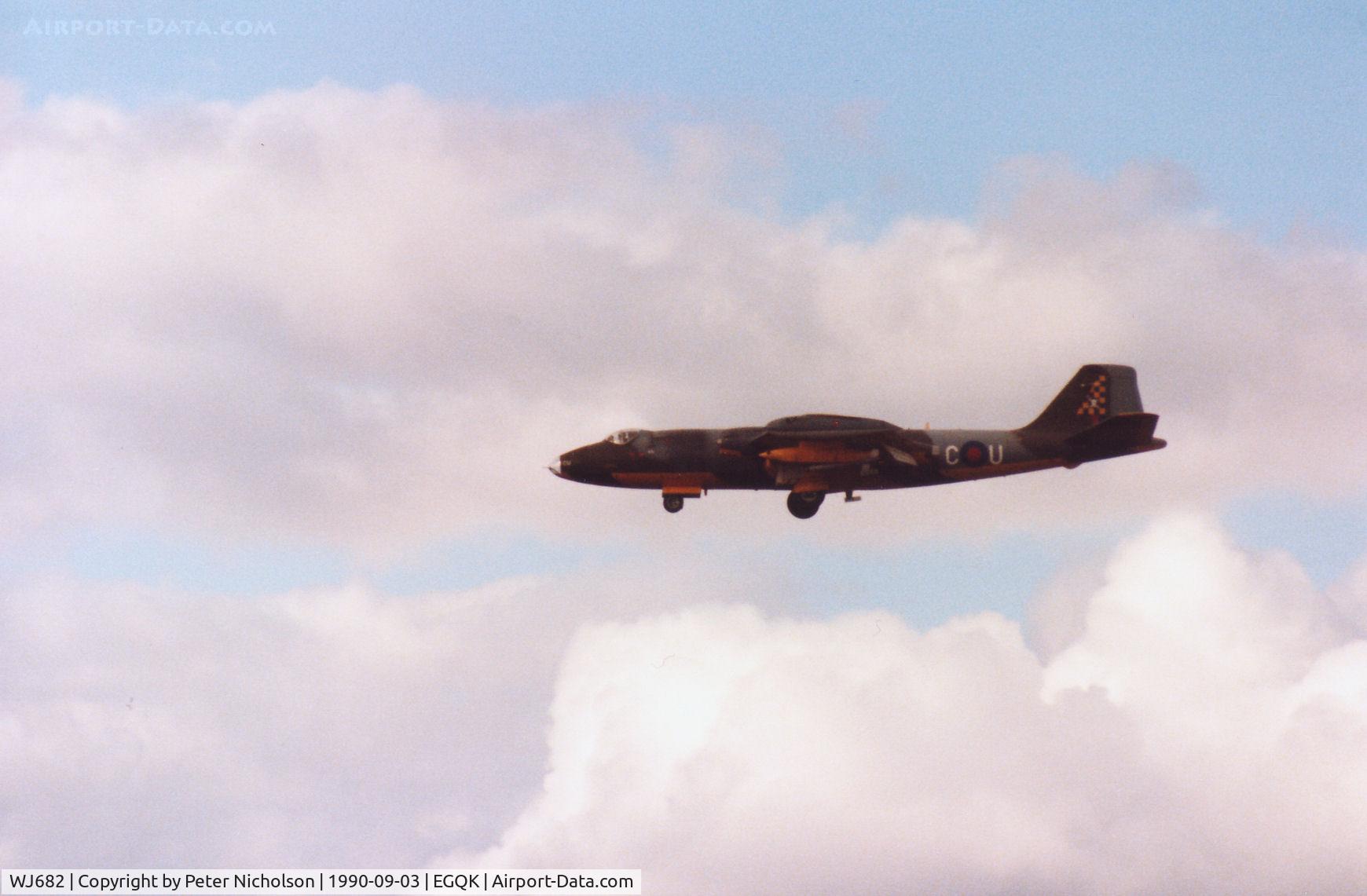 WJ682, 1955 English Electric Canberra TT.18 C/N HP-225B, Canberra TT.18, callsign Trident 1, of 360 Squadron at RAF Wyton on final approach to Runway 05 at RAF Kinloss in September 1990.