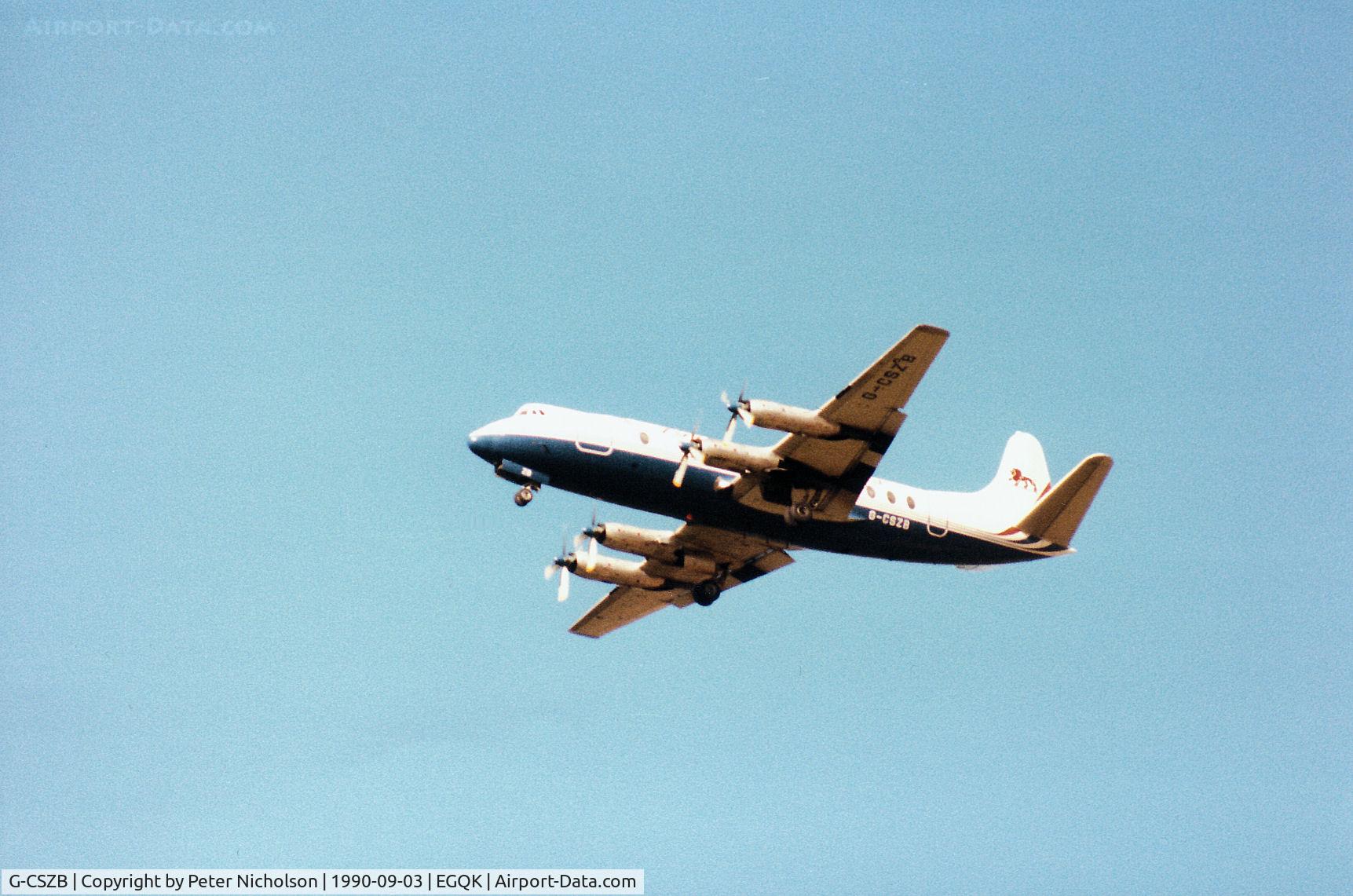 G-CSZB, 1957 Vickers Viscount 804 C/N 248, Viscount 807 of British Air Ferries overflying RAF Kinloss en route to Inverness Dalcross Airport in September 1990.