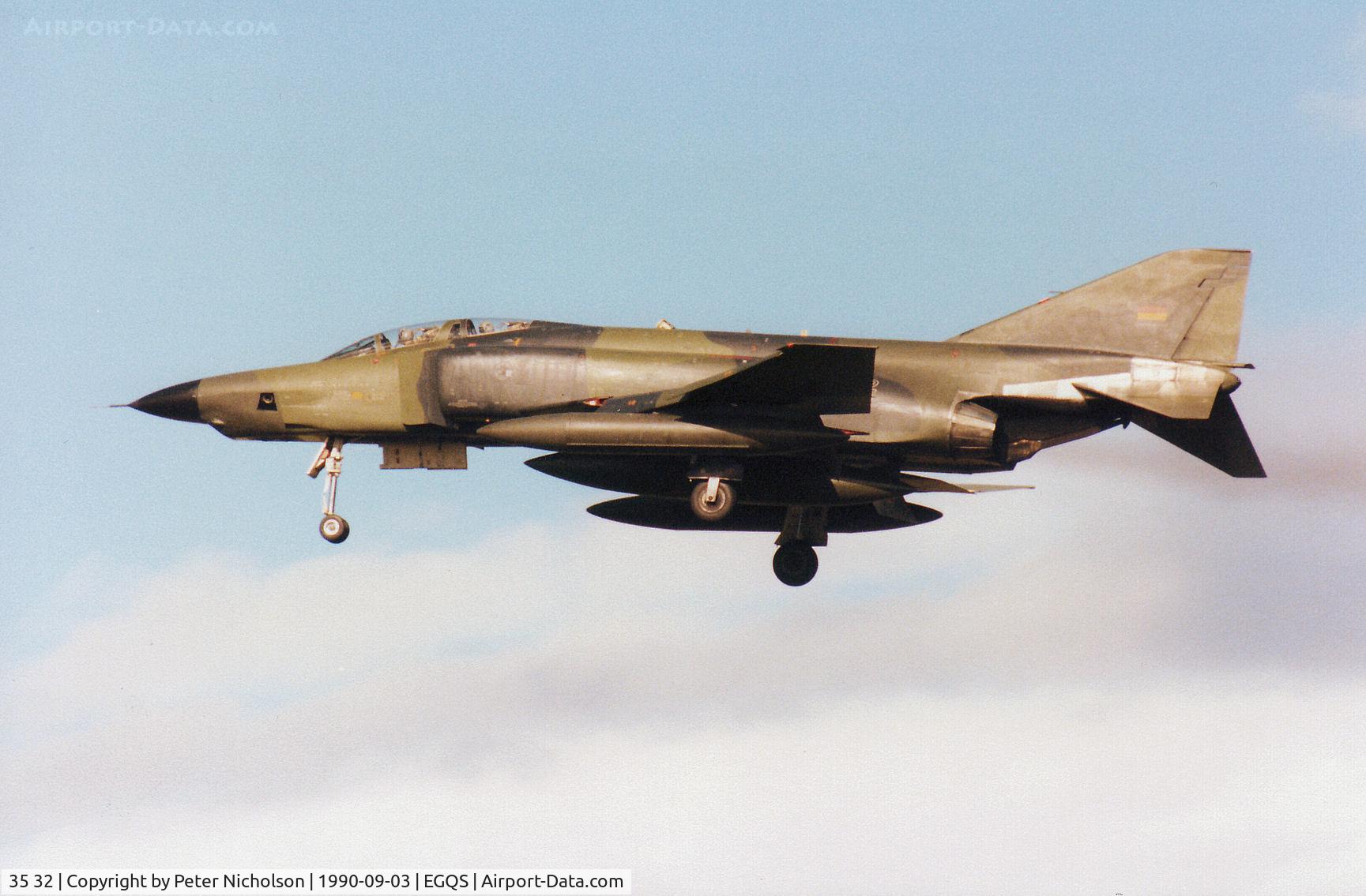 35 32, 1969 McDonnell Douglas RF-4E Phantom II C/N 4084, RF-4E Phantom of AKG-52 German Air Force on final approach to Runway 23 at RAF Lossiemouth in September 1990.