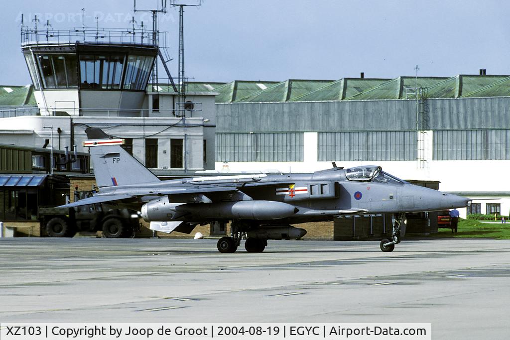 XZ103, 1976 Sepecat Jaguar GR.3A C/N S.104, A Jaguar fitted with the Vicon Joint recconaissance pod leaves the flightline for yet another mission.
