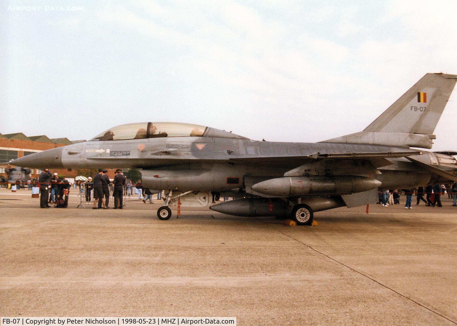 FB-07, 1978 SABCA F-16B Fighting Falcon C/N 6J-7, F-16B Falcon of 2 Wing of the Belgian Air Force on display at the 1998 RAF Mildenhall Air Fete.