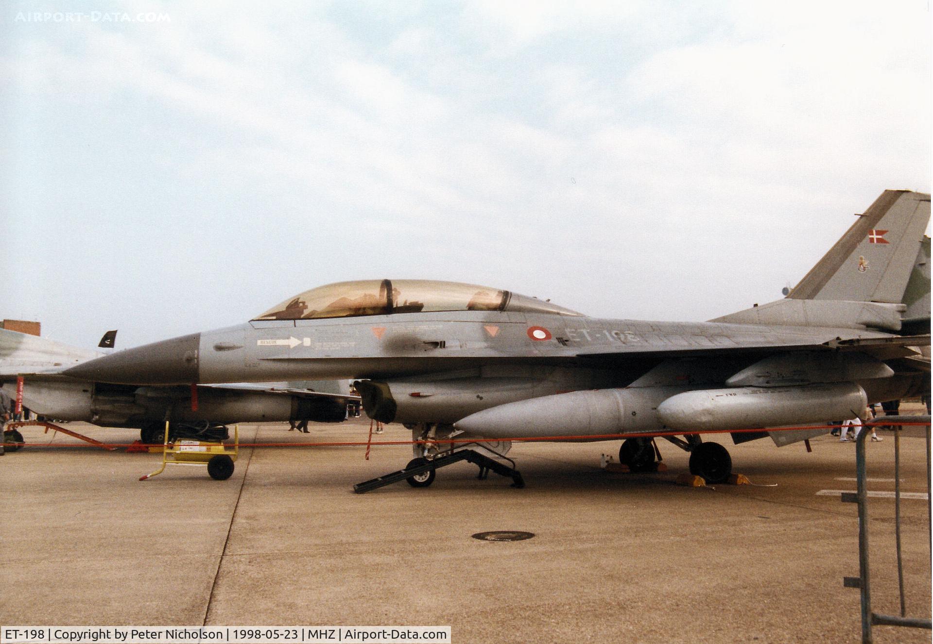 ET-198, General Dynamics F-16BM Fighting Falcon C/N 6G-014, F-16B Falcon of Eskradille 726 Royal Danish Air Force at Aalborg on display at the 1998 RAF Mildenhall Air Fete.