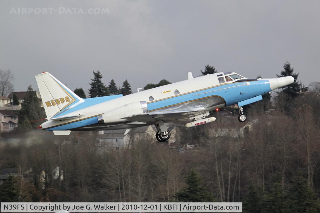 N39FS, 1963 North American T-39A Sabreliner C/N 276-33, Seen departing BFI on a cool & cloudy day is this 1963 vintage T-39A operated by BAE Systems. Aircraft wears the basic FAA color scheme and is adorned with various sensors.