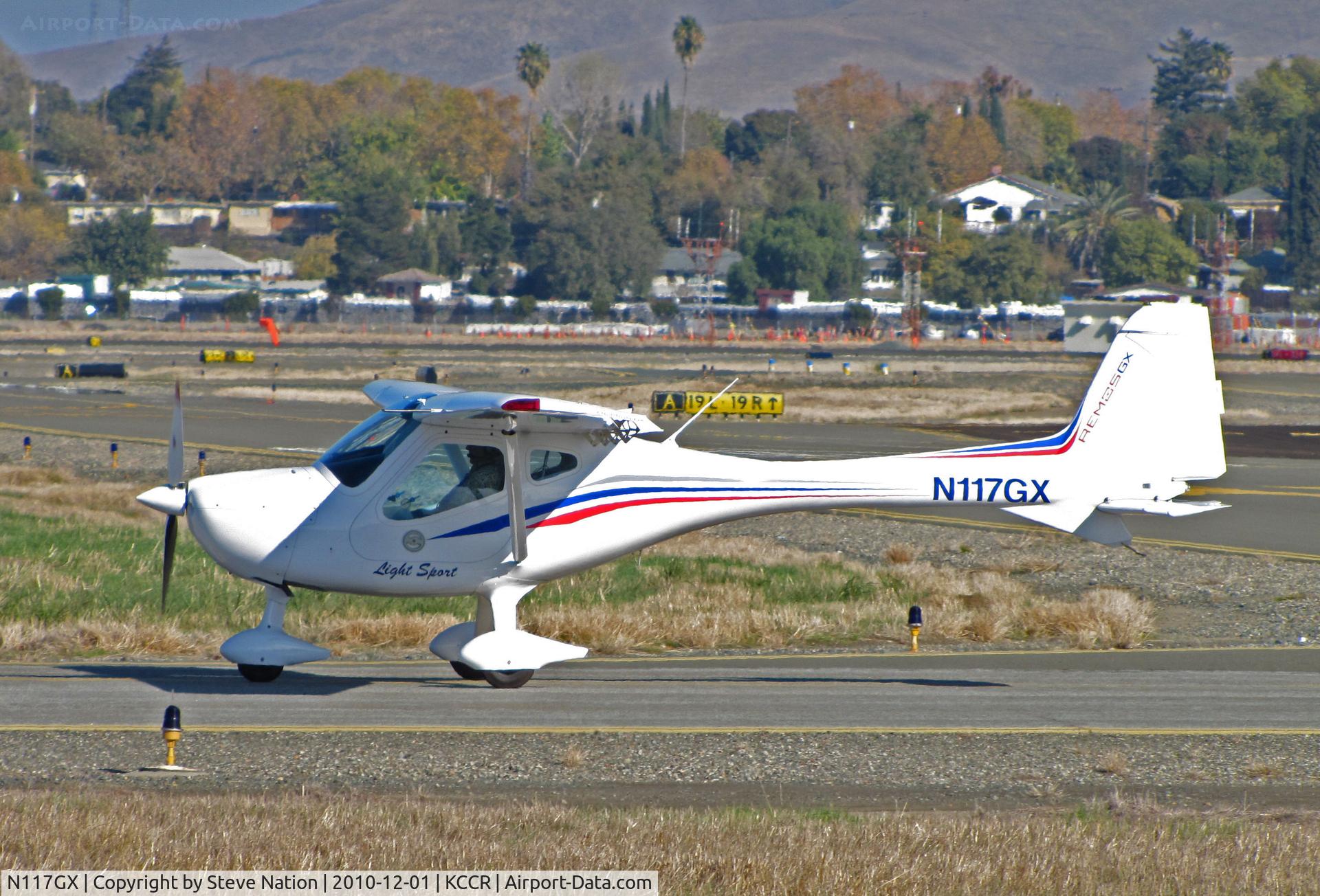 N117GX, Remos GX C/N 302, Locally-based Remos GX operated by Sterling Aviation taxis to RWY 1L @ Buchanan Field, Concord, CA