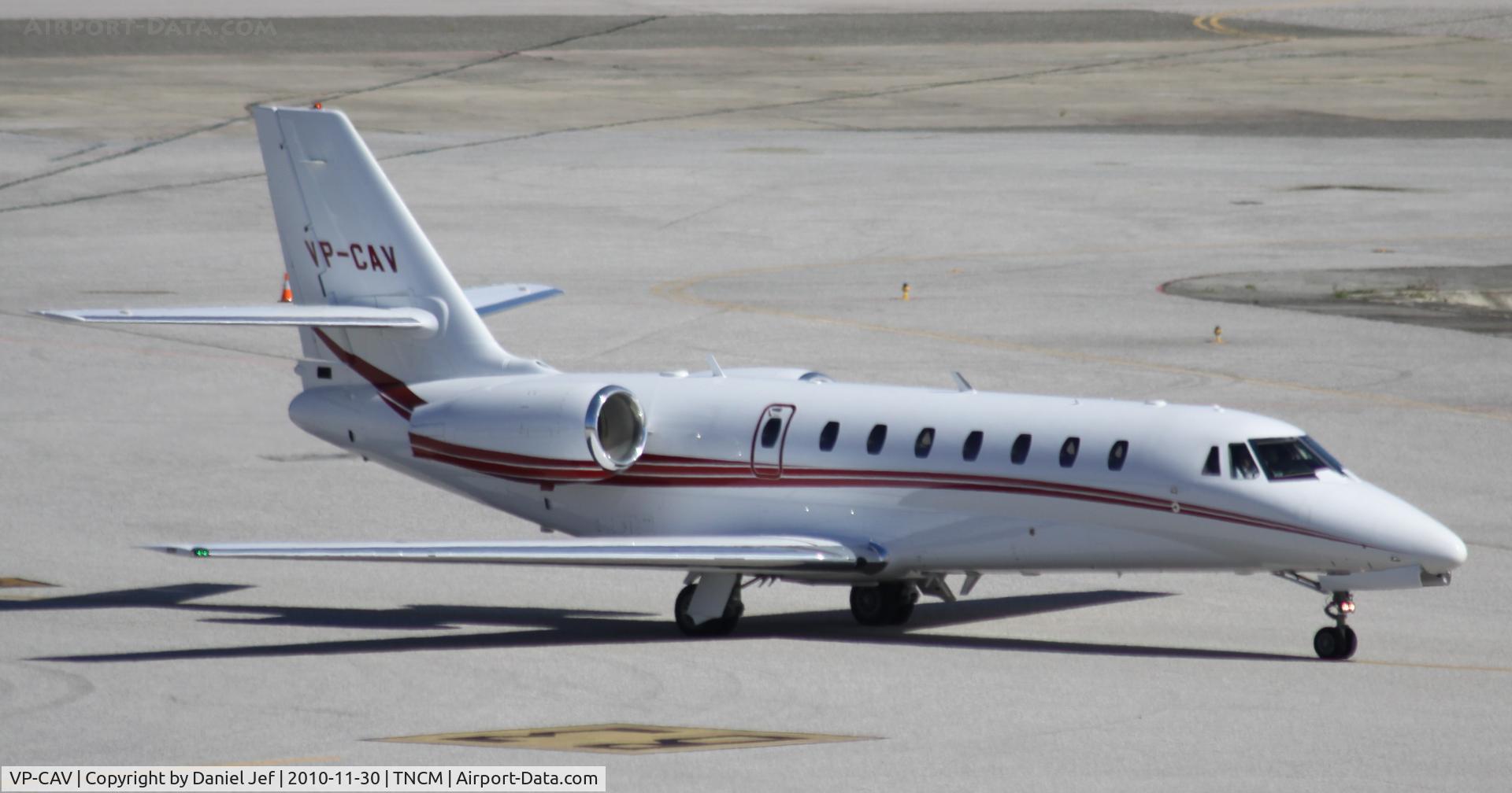 VP-CAV, 2008 Cessna 680 Citation Sovereign C/N 680-0202, VP-CAV taxing to parking at the cargo ramp at TNCM