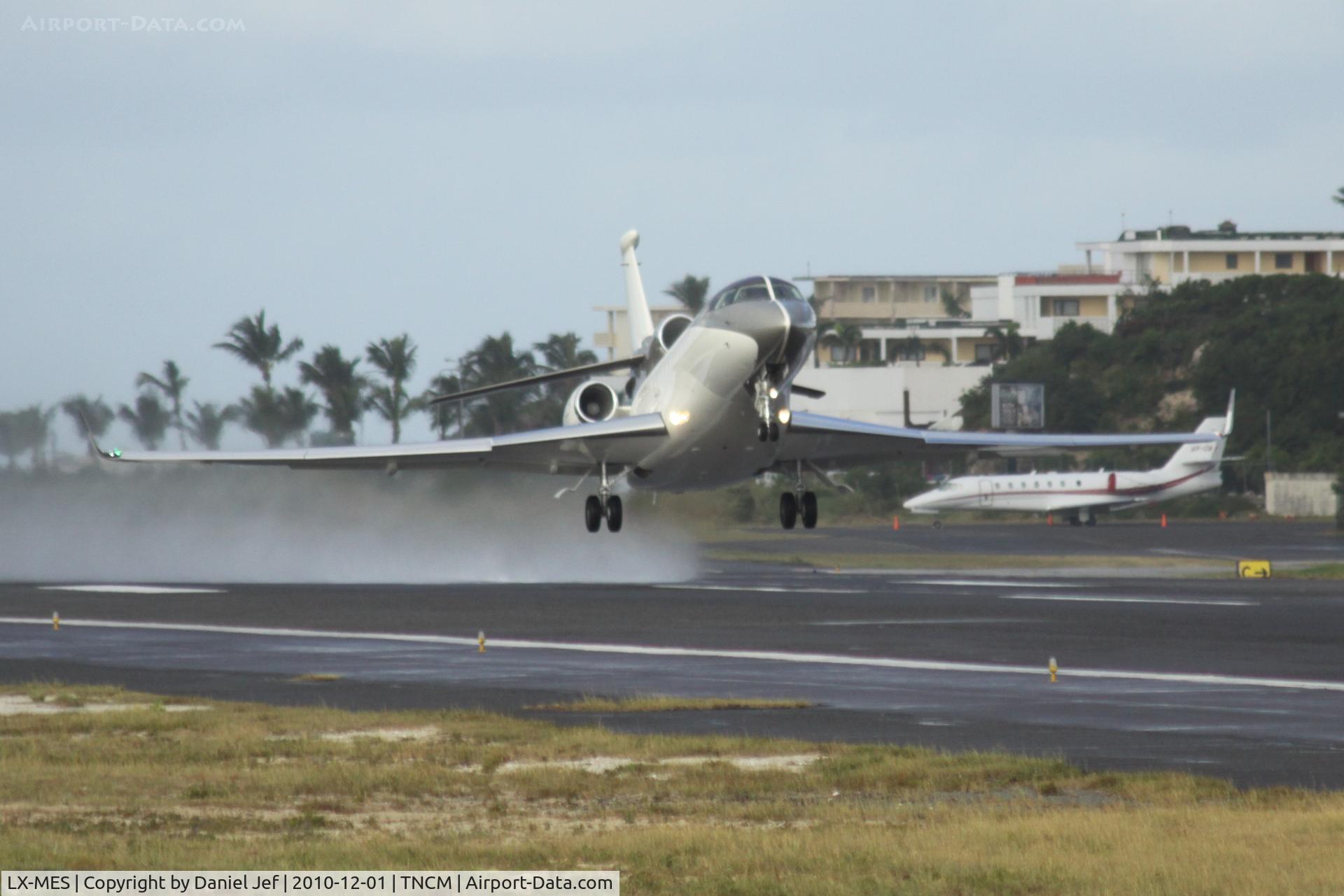 LX-MES, 2010 Dassault Falcon 7X C/N 097, Silver Arrows LX-MES departing TNCM for KMIA