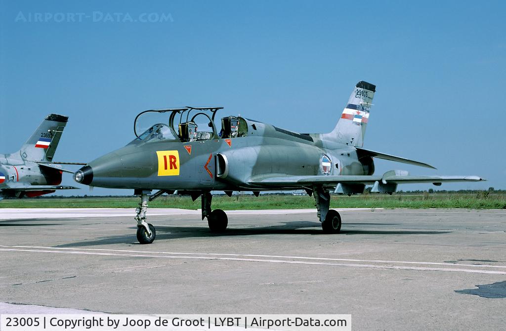 23005, Soko G-4 Super Galeb C/N 005, The 'IR' markings seem to stand for 'Istrazivanje Razvoj' or Research and Development. According to the Dayton peace agreement these aircraft have been stripped of their armament and armament wiring.