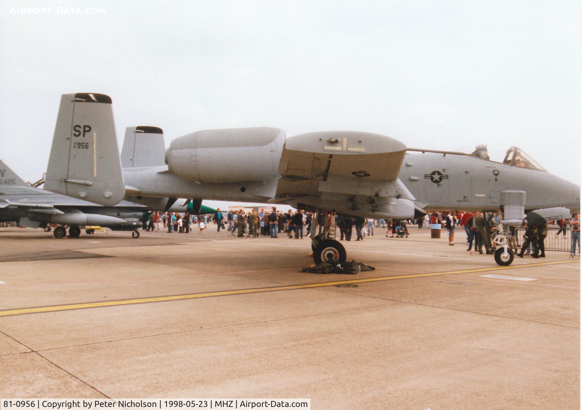 81-0956, 1981 Fairchild Republic A-10A Thunderbolt II C/N A10-0651, OA-10A Thunderbolt of Spangdahlem's 81st Fighter Squadron/52nd Fighter Wing on display at the 1998 RAF Mildenhall Air Fete.