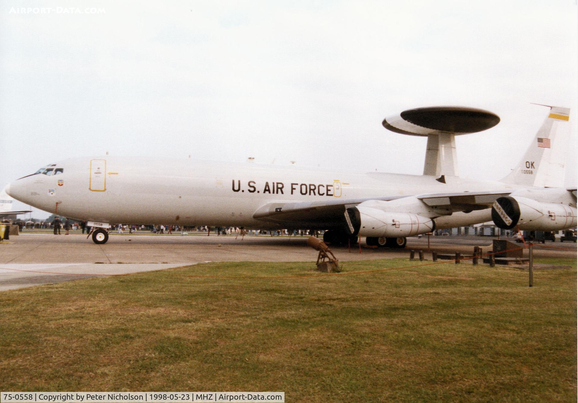 75-0558, 1975 Boeing E-3B (707) Sentry C/N 21208, E-3B Sentry of the 965th Airborne Air Control Squadron of the 552nd Air Control Wing on display at the 1998 RAF Mildenhall Air Fete.