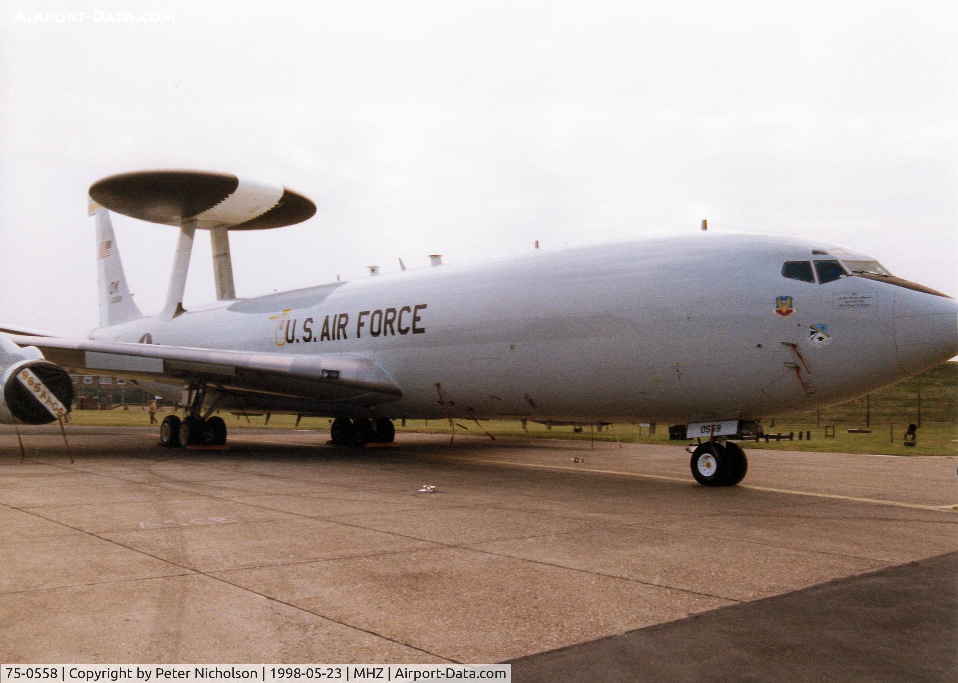 75-0558, 1975 Boeing E-3B (707) Sentry C/N 21208, E-3B Sentry of the 965th Airborne Air Control Squadron/552nd Air Control Wing on display at the 1998 RAF Mildenhall Air Fete.