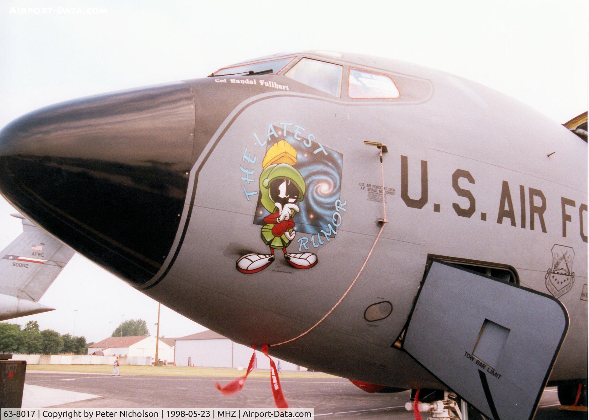 63-8017, 1963 Boeing KC-135R Stratotanker C/N 18634, Nose-art of The Latest Rumor KC-135R Stratotanker of the 100th Air Refuelling Wing on display at the 1998 RAF Mildenhall Air Fete.