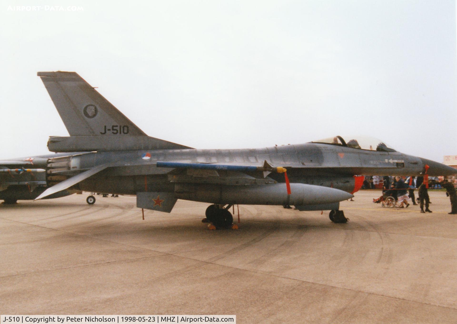 J-510, 1987 Fokker F-16AM Fighting Falcon C/N 6D-149, F-16A Falcon of 315 Squadron Royal Netherlands Air Force on display at the 1998 RAF Mildenhall Air Fete.