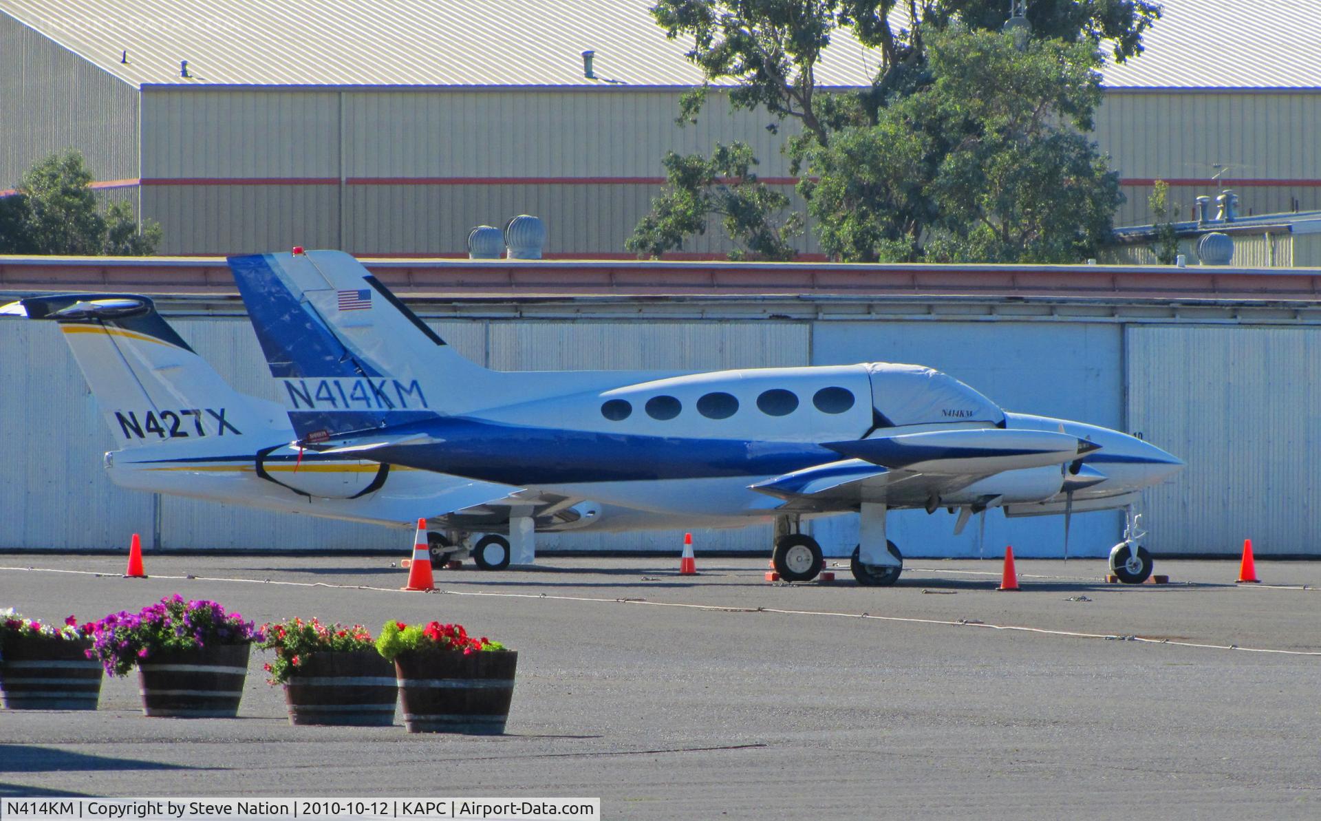 N414KM, 1976 Cessna 414 Chancellor C/N 414-0836, San Antonio, TX-based 1976 Cessna 414 with cockpit cover on visitors ramp @ Napa County Airport, CA