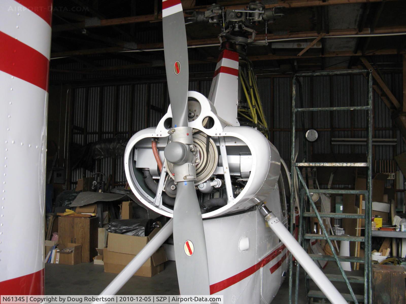 N6134S, 1965 Air & Space America Inc 18A C/N 18-41, 1965 Air & Space Mfg. Inc. 18A jump start Autogyro, Lycoming O&VO-360 180 Hp pusher engine and prop with transmission clutch to briefly turn rotor prior to short takeoff. 35 foot diameter rotor blades removed from pylon.