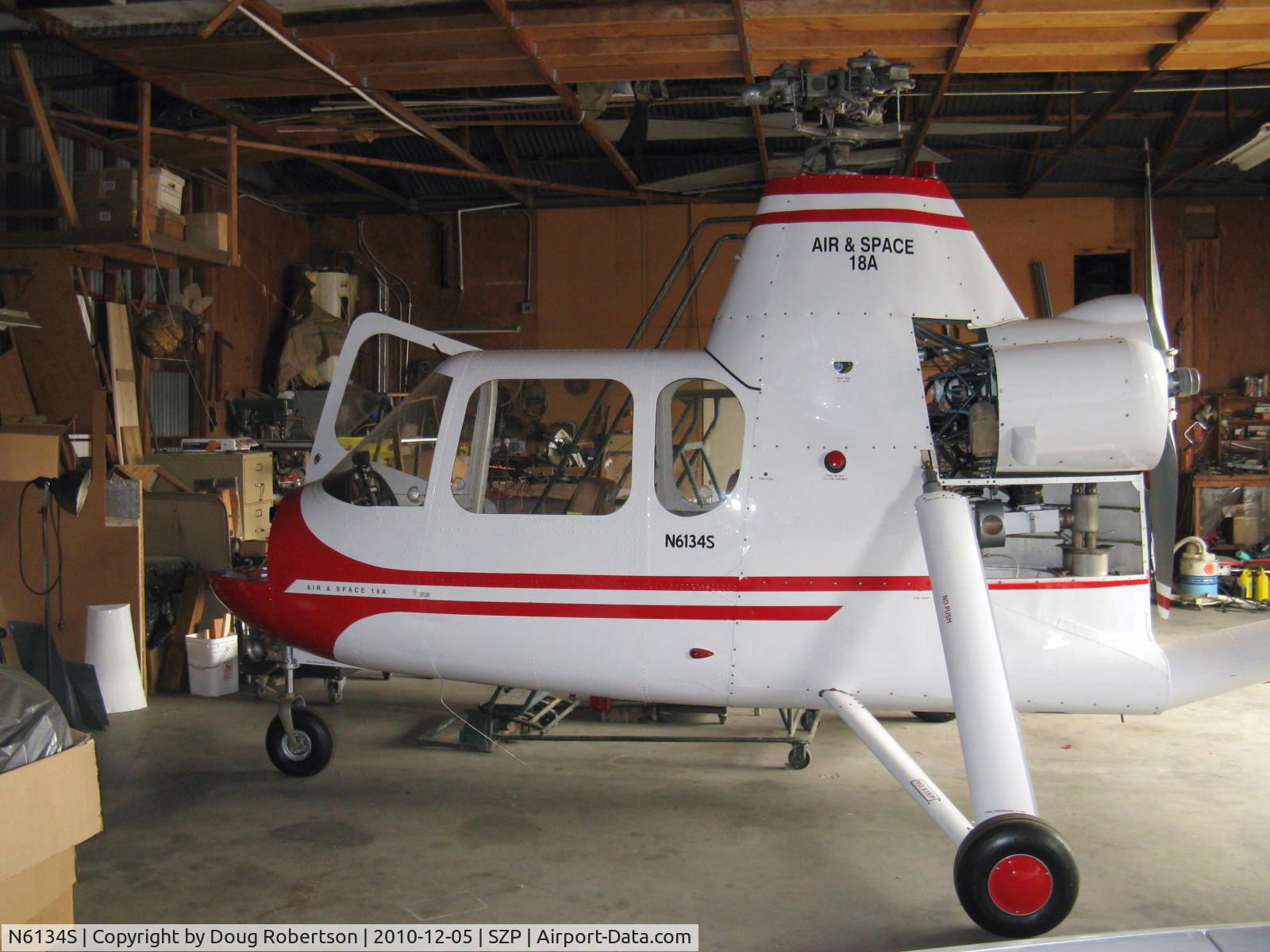 N6134S, 1965 Air & Space America Inc 18A C/N 18-41, 1965 Air & Space 18A jump start Autogyro, Lycoming O&VO-360 180 Hp, 35 foot diameter rotor blades removed, Std. class two place improved design derived from the Umbaugh 18 autogyro. Remember that?