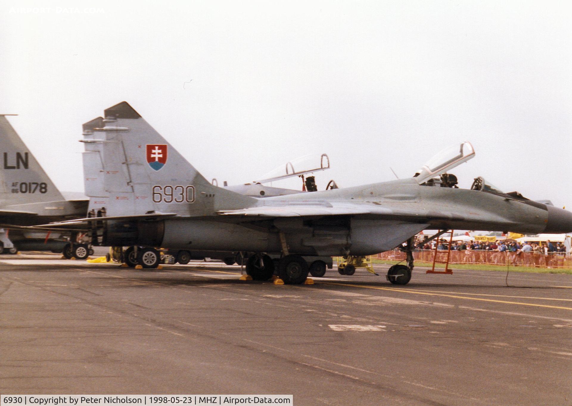 6930, Mikoyan-Gurevich MiG-29 C/N 36069, Fulcrum A of 31st Fighter Wing [31 SLK] of the Slovak Air Force on the flight-line at the 1998 RAF Mildenhall Air Fete.